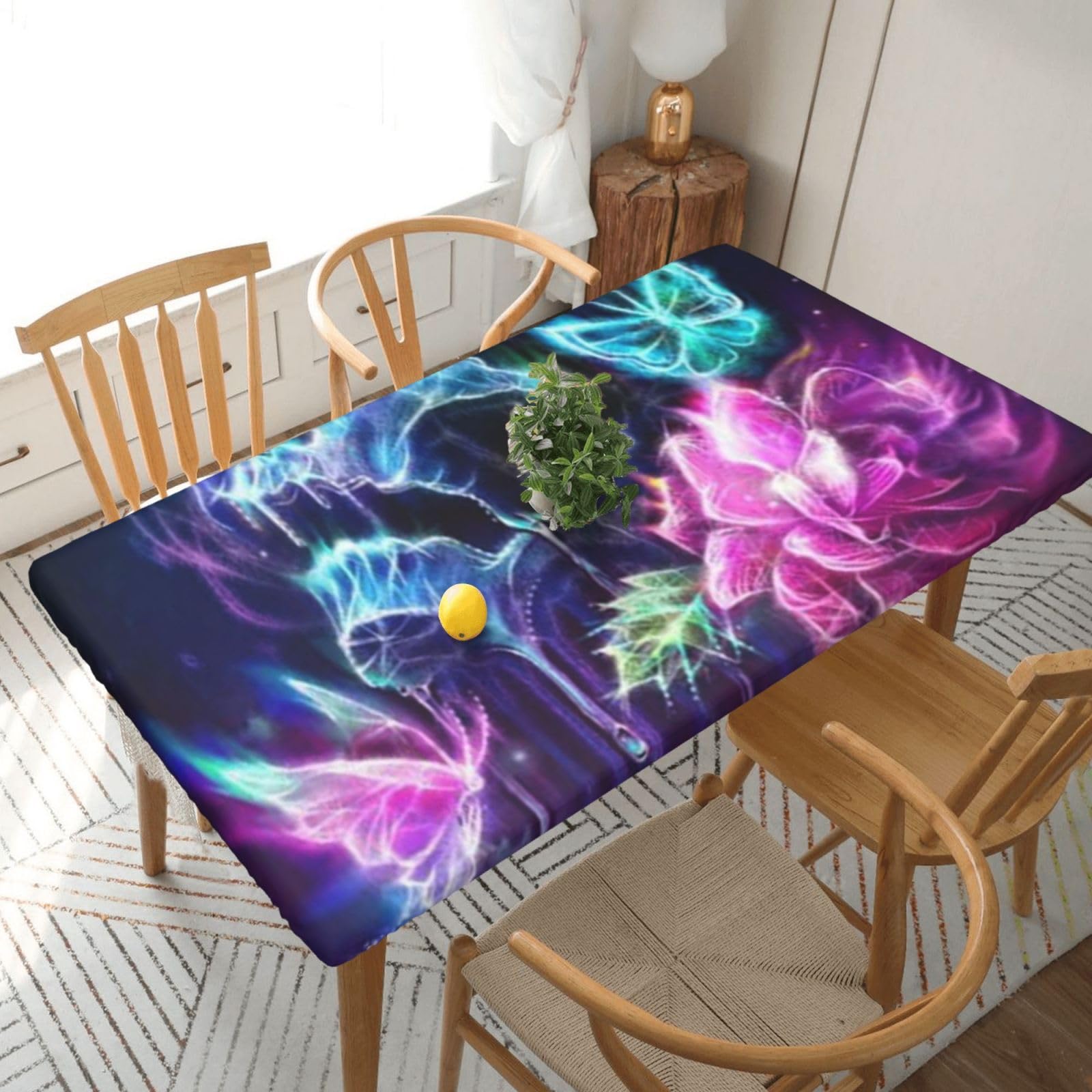 DCEHGEW Elastic Fitted Rectangle Tablecloth for 5ft Tables, Butterfly Rose Skull Printed Oilproof & Washable Fabric Picnic Table Cloth Table Covers