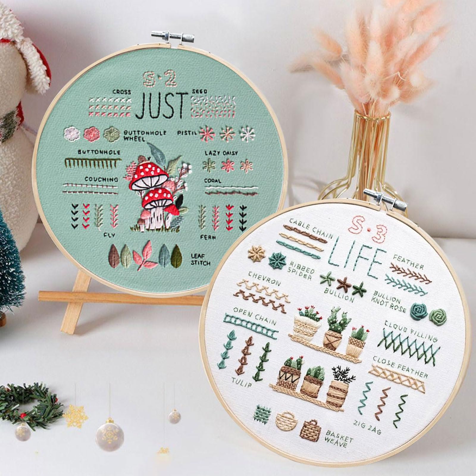 FENGQQKJ Stickset für Anfänger Sticken Set Erwachsene Embroidery Kit Stickrahmen-Set blumen Pflanzen Kreuzstich Anfänger 3 Sets Stickerei DIY Kreuzstich Stick mit 1 Stück Bambus für Handstickerei