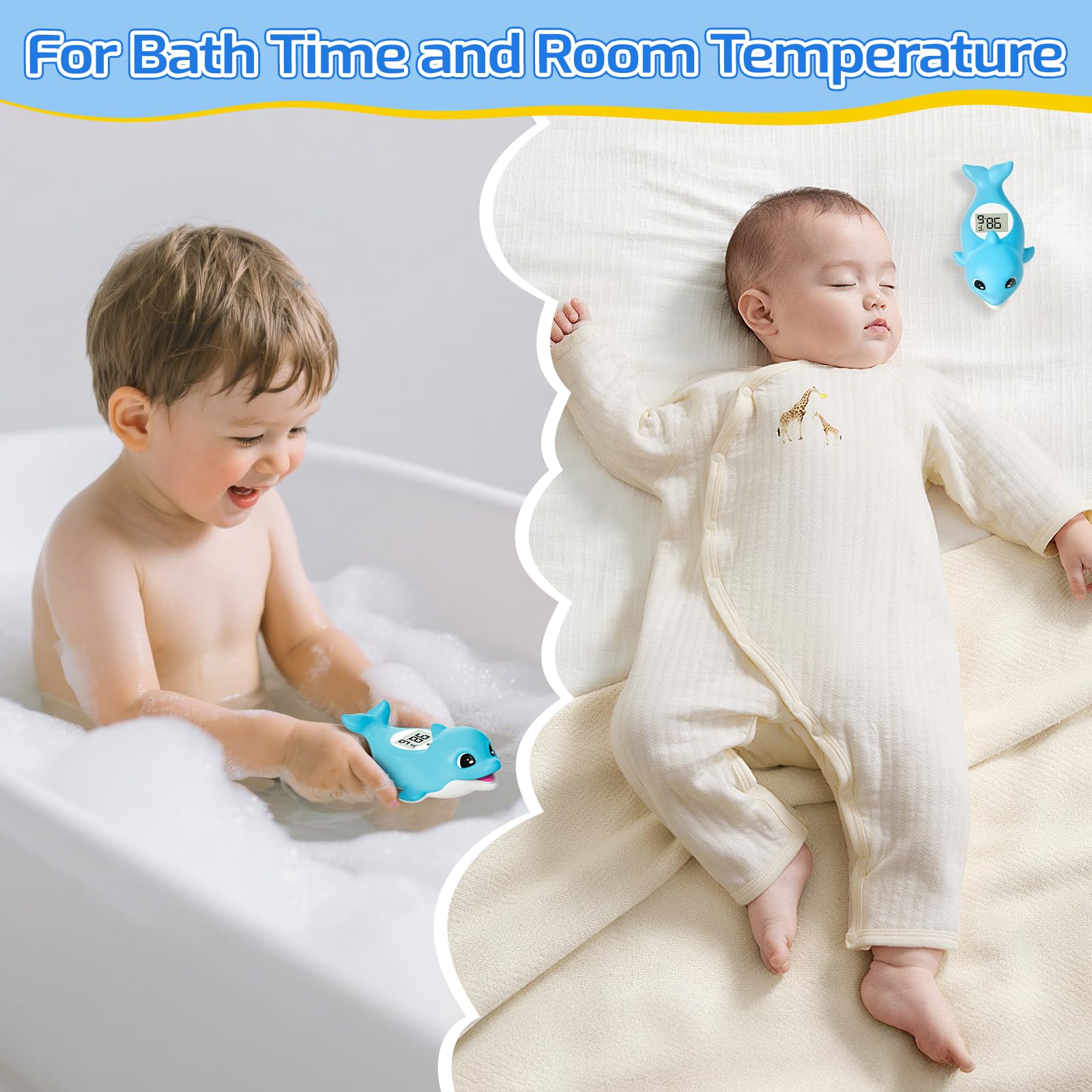 Termometro da bagno per neonato, termometro digitale per la temperatura dell'acqua, giocattolo da bagno galleggiante con delfino, display °C/F, impermeabile e senza BPA