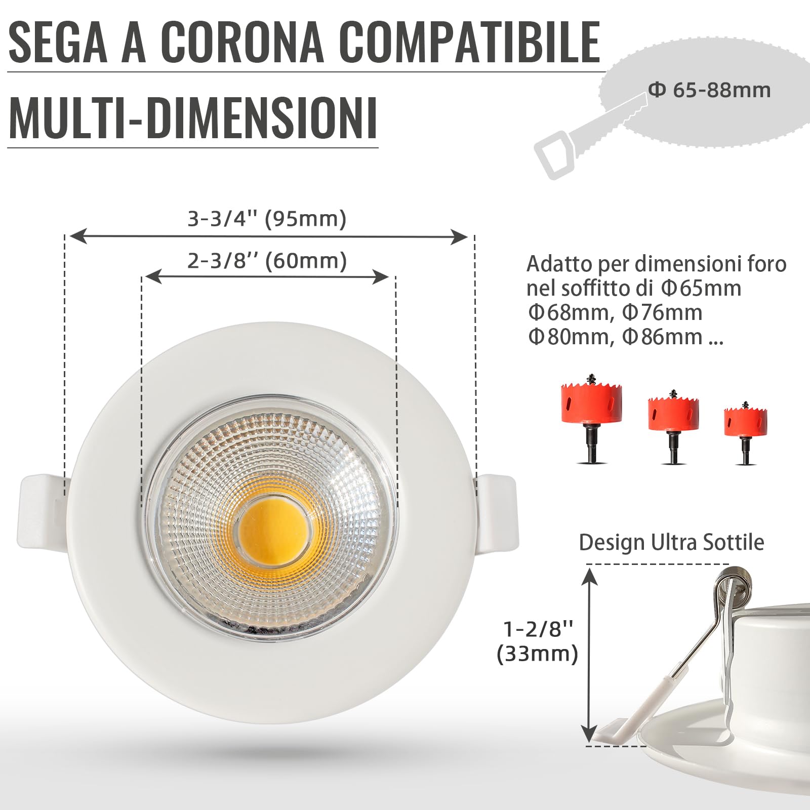 6x 10W Faretti LED da Incasso per Cartongesso,850LM Foro 65-85mm Luce Calda 3000K per Cucina,Interno,Faretti Led Soffitto COB 220V Equivalenti a 100W