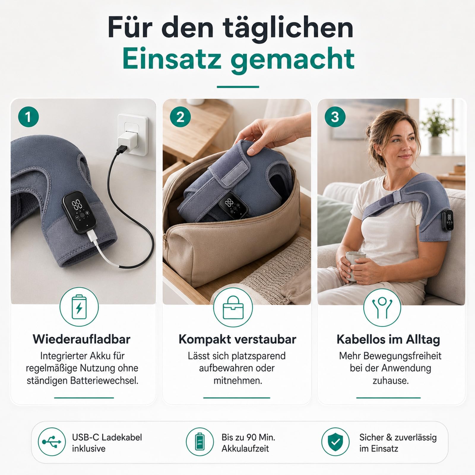 Relivera 3-In-1 Schultermassage Mit Dreifacher Massagefunktion | Kabelloses Design, Lange Akkulaufzeit, Verschiedene Massageprogramme