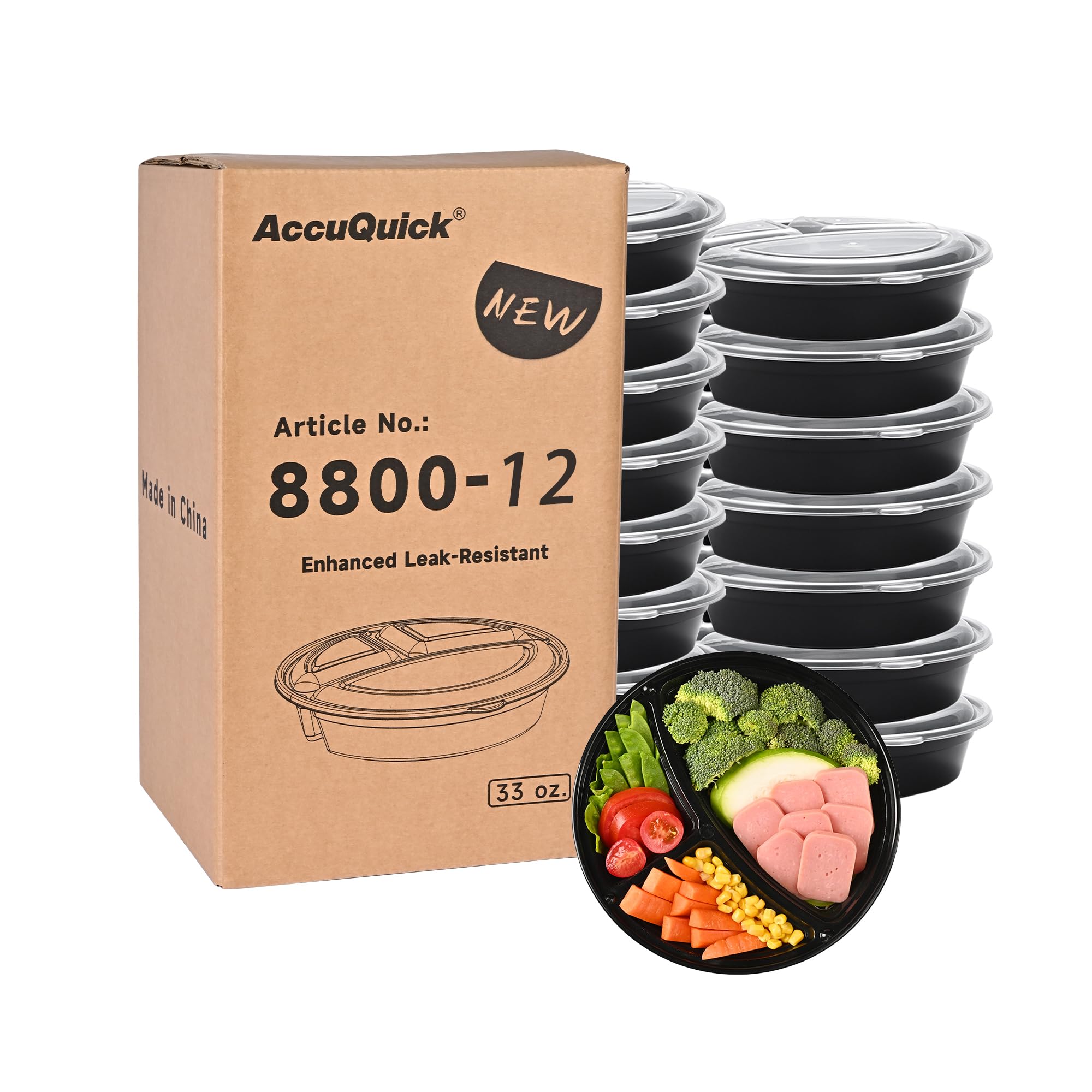 12 Pack Meal Prep Containers, 33 OZ Round Bento Box, 3 Compartment Divided Food Storage Durable Stackable Reusable, BPA Free, For Microwave, Dishwasher, Freezer（12 Trays & 12 Lids）