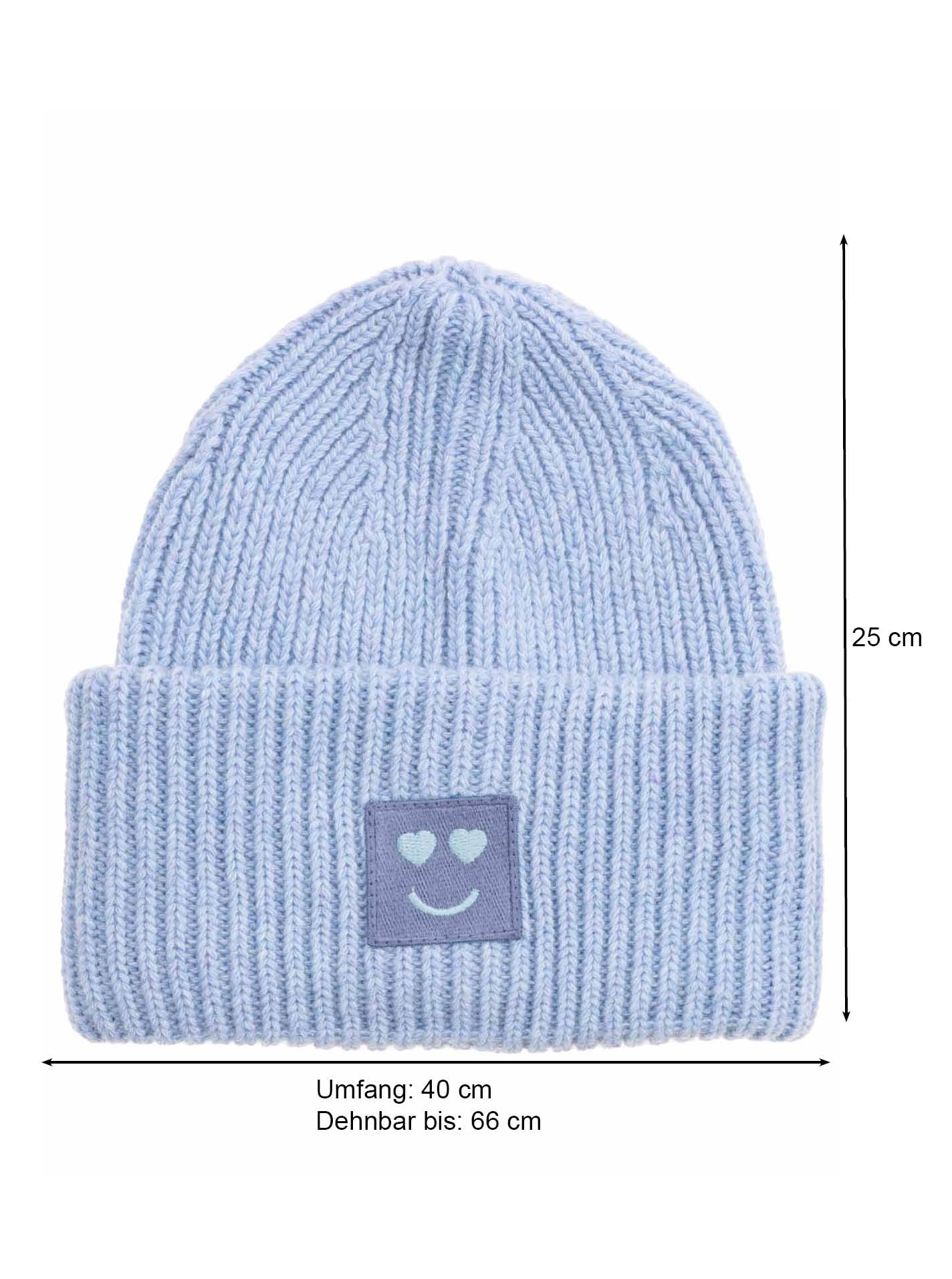 Zwillingsherz Slouch-Beanie-Mütze mit Wolle - Hochwertige Strickmütze mit Herz Smileys Patch für Damen Mädchen Jungen – Hat - Grobstrick - One Size - warm und weich für Frühling Herbst und Winter