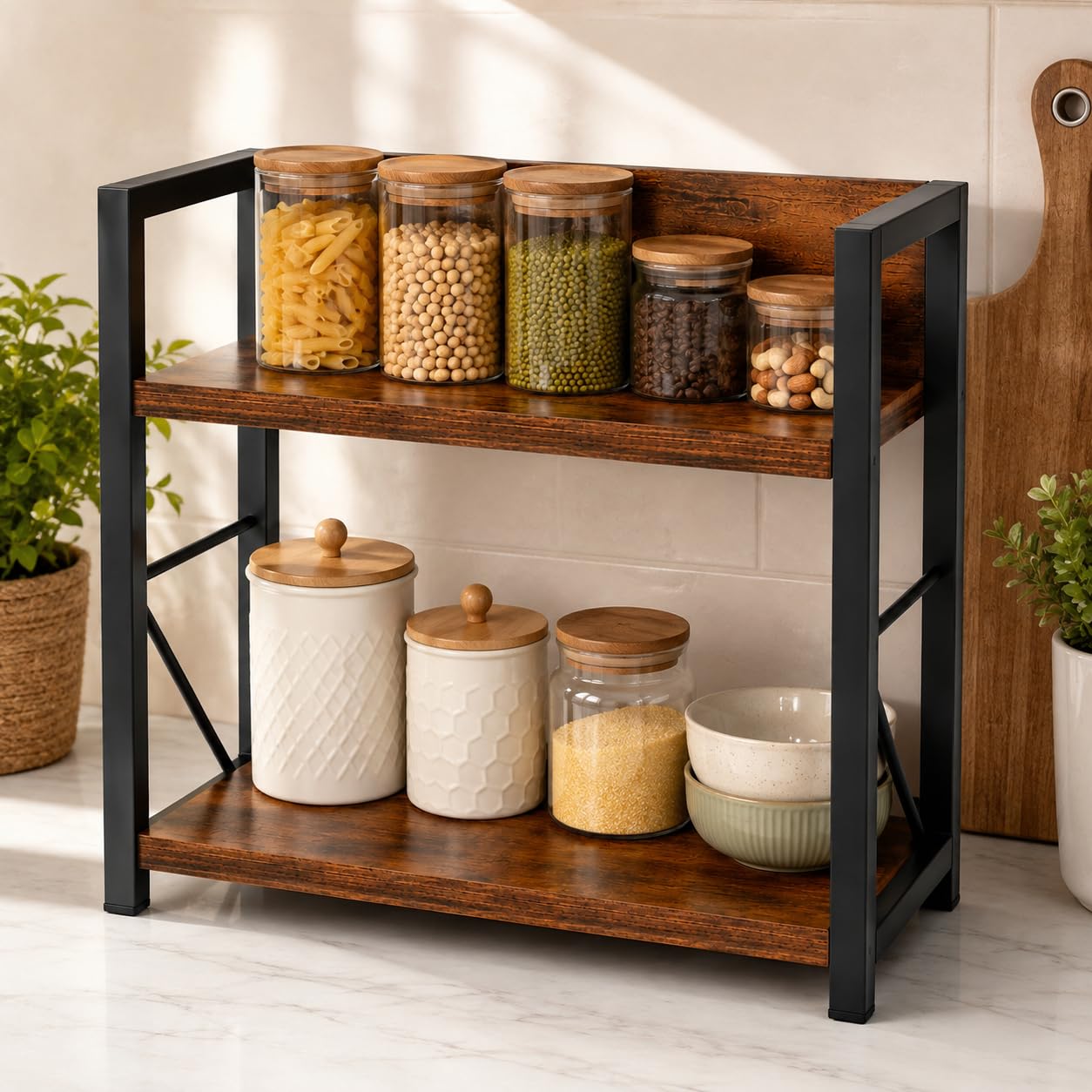 2-Tier Countertop Shelf Organiser, Rustic Brown with Black Metal Frame | Industrial Style, Kitchen Storage, Sturdy Metal Frame, Countertop Use, Wood & Metal Build-image-44