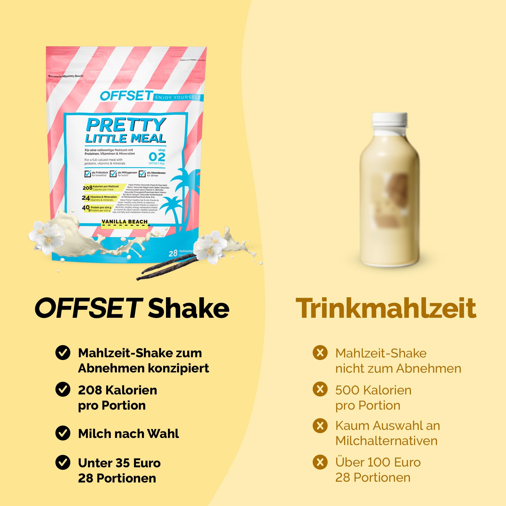 OFFSET Nutrition Abnehm Shake Vanille [nur 208 KCAL pro Shake] mit Shaker - 28 Portionen | Mahlzeitersatz | Diät mit 24 Vitaminen & Mineralien | Glutenfreie Trinkmahlzeit