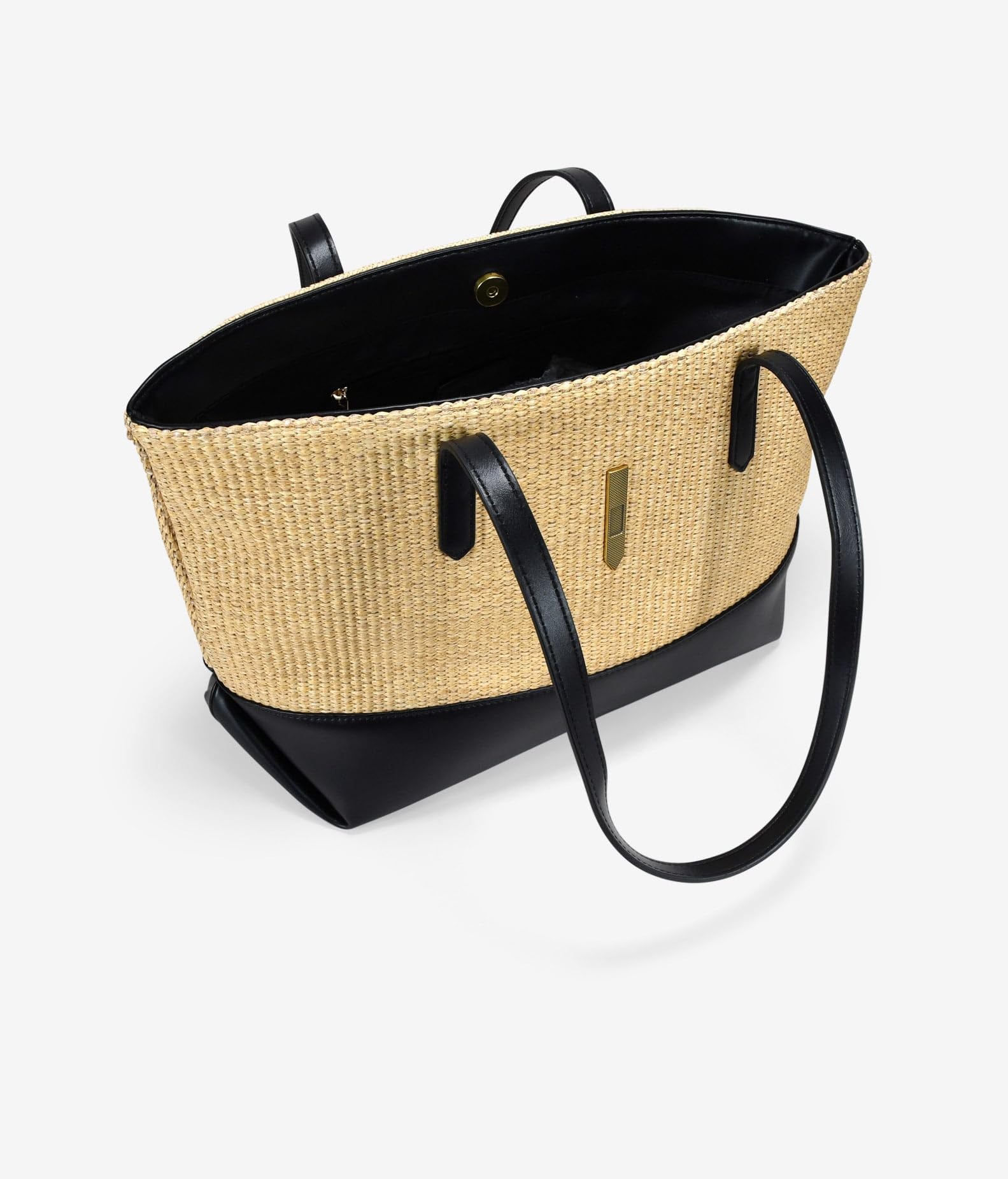 BOSANOVA Bolso de Hombro para Mujer en Rafia Beige con Detalles en Color Negro y pequeña Solapa con Pieza metálica. Asas de Colgar y Cierre con imán. Beige U