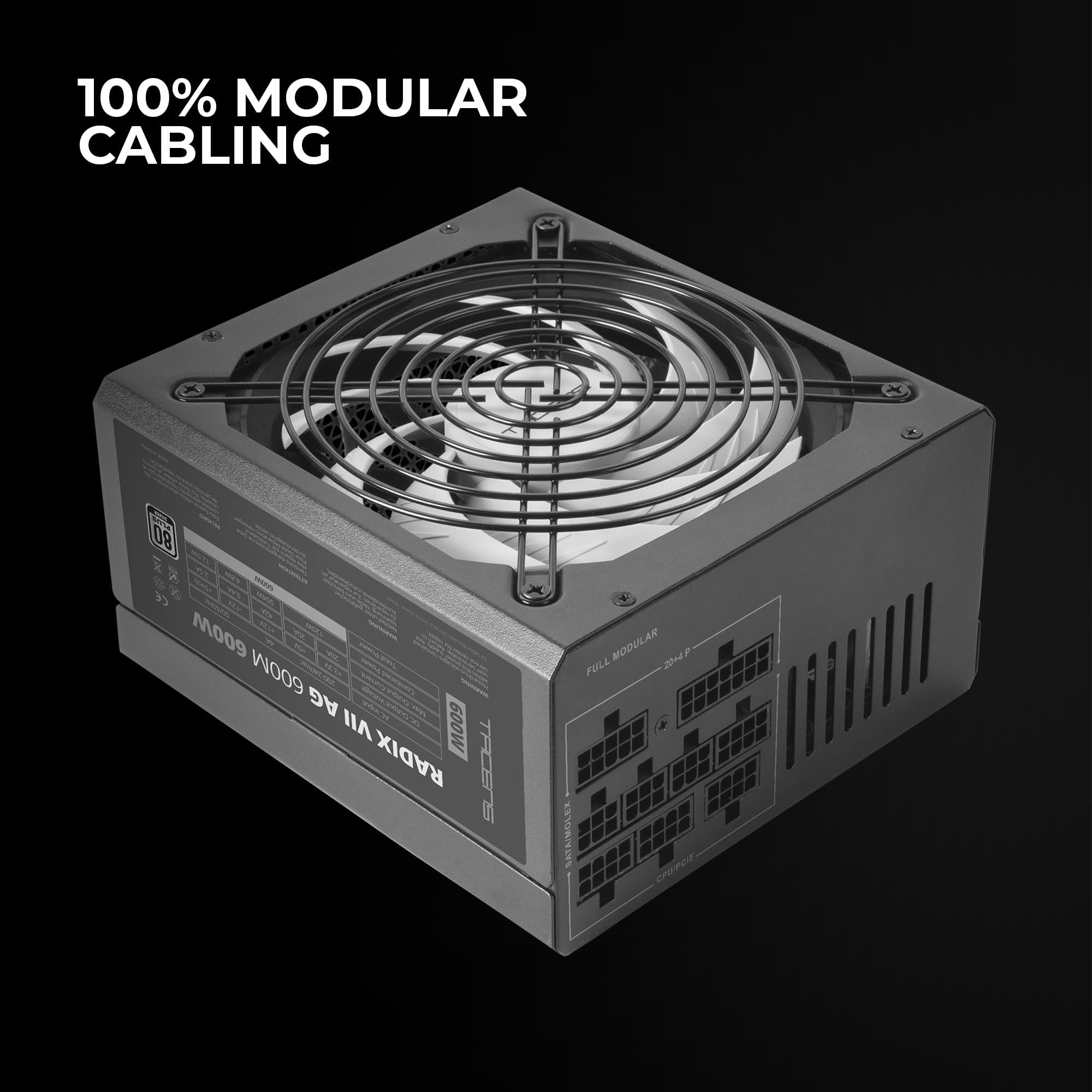 Tacens RADIX VII AG 600, Alimentatore Full Modulare 600W ATX, 10 Anni Garanzia, 80Plus Silver, +87% Di efficienza, Ventola FDB da 140 mm con Tecnologia AI-RPM, Condensatori Giapponesi da 105º, Nero