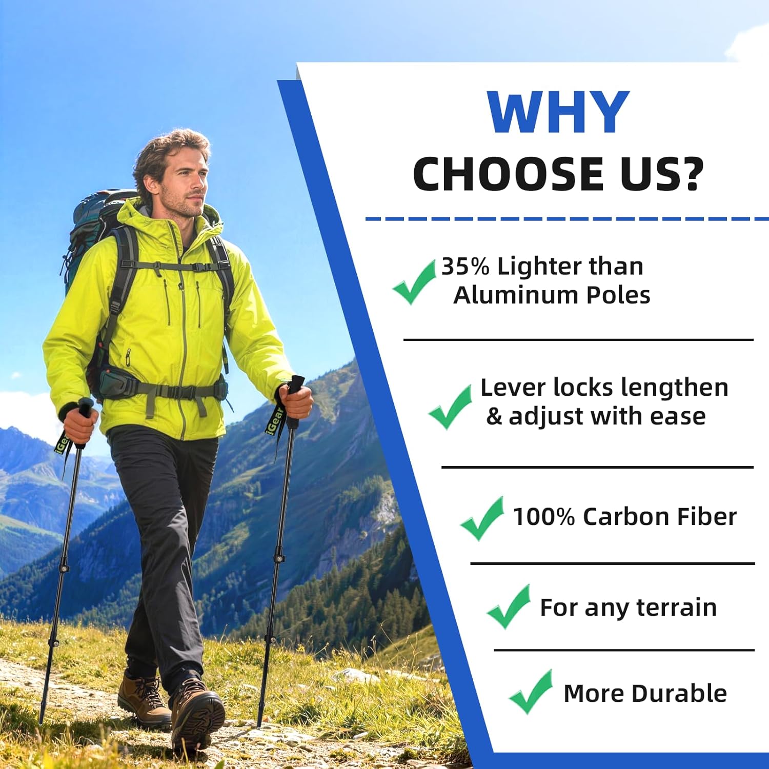 aiGear Carbon Fiber Trekking Poles, Ultra Strong Lightweight Collapsible Hiking Poles with Cork Grips Quick Flip Locks & All-Terrain Accessories for Men & Women Backpacking Camping