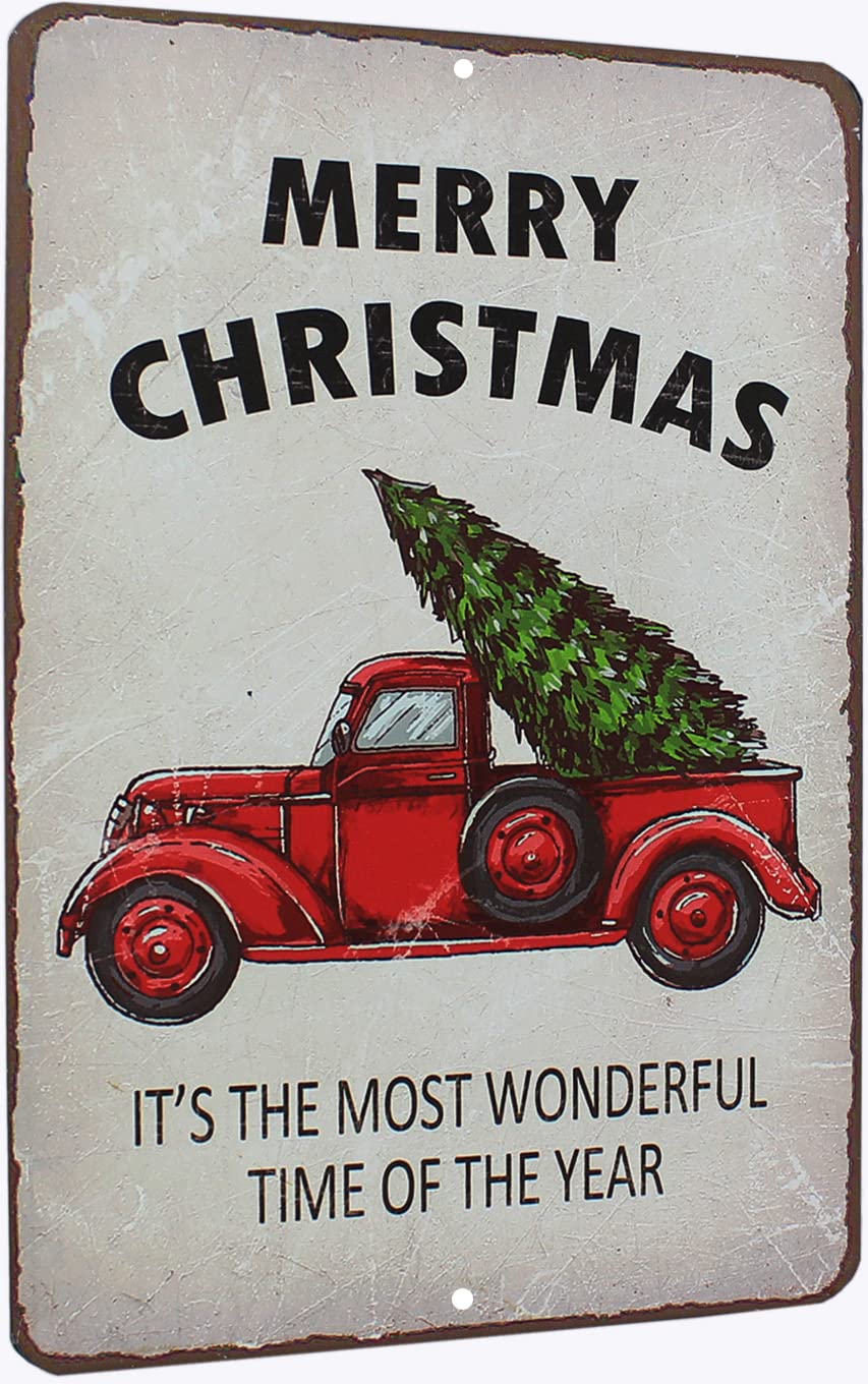 Vintage Red Christmas Truck Tin Sign – 8x12 Inch Metal Wall Decor With Merry Christmas Design, Rustic Holiday Art
