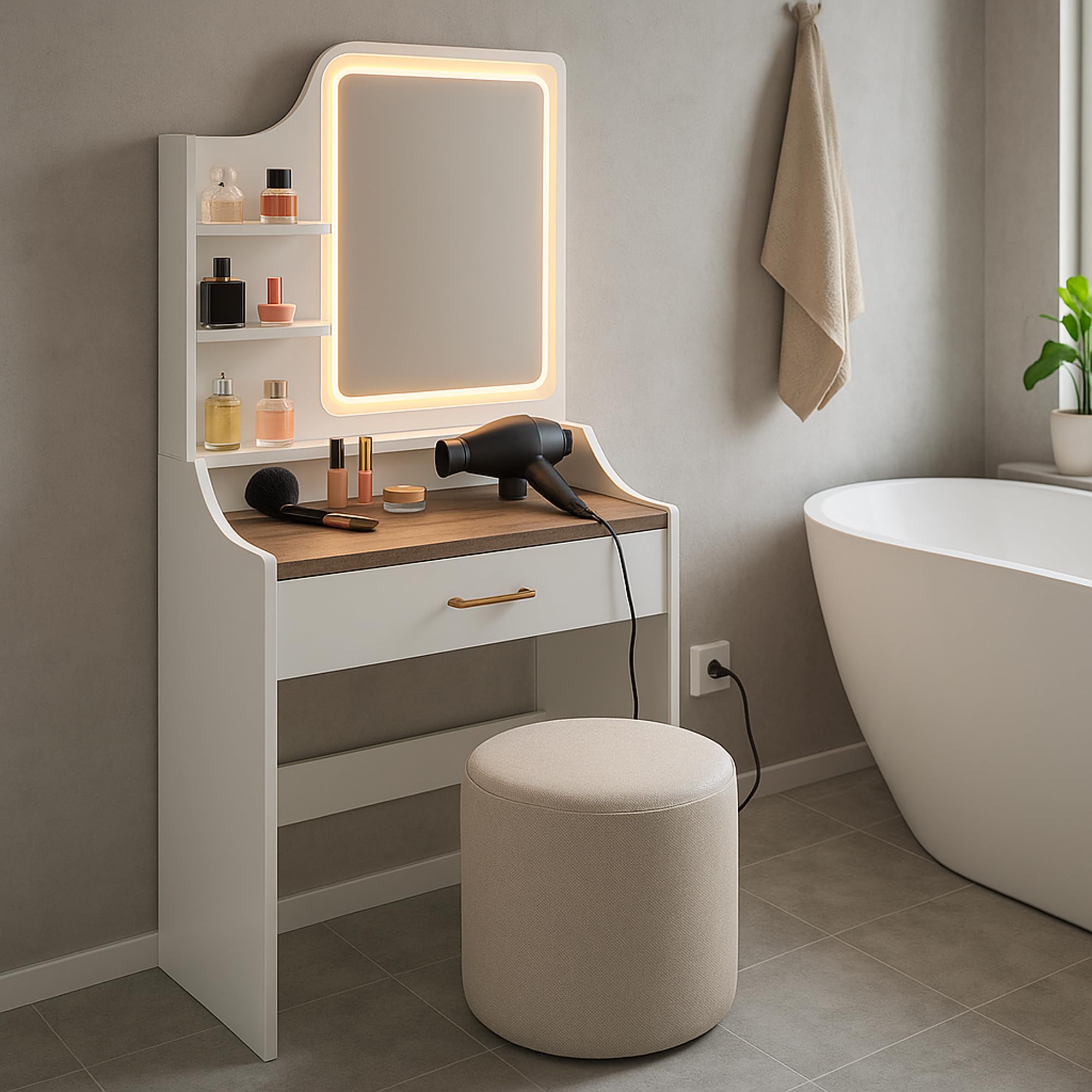 FRANKYSTAR Afrodite - Toeletta Trucco Consolle con Luce LED Cassetto 3 Ripiani e Prese Postazione Make Up in Legno Bianco