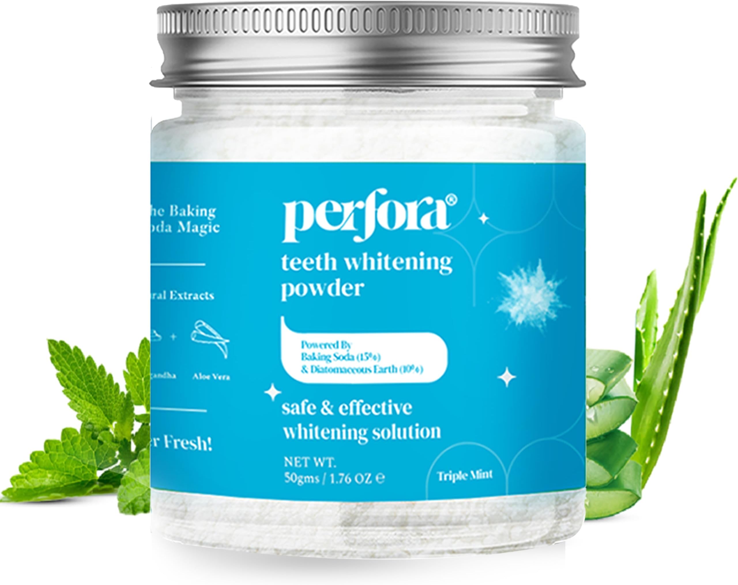 Perfora Teeth Whitening Powder - 50g | Enamel Safe Oral Care For Effective Teeth Whitener Solution | Stain Removal & Triple Mint Formula For Long Lasting Freshness | Formulated With Baking Soda
