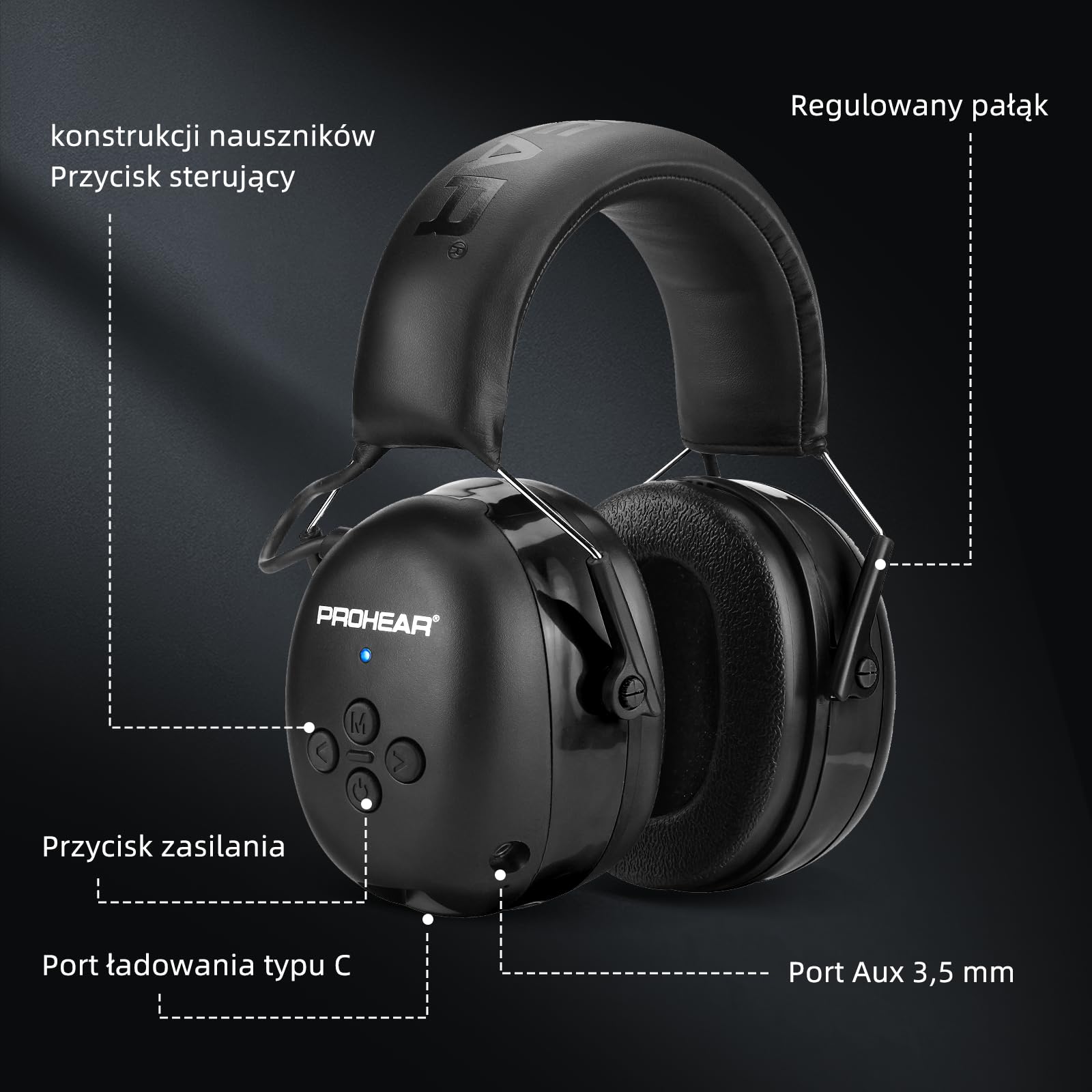(Wersja uaktualniona) PROHEAR 037 Zestaw słuchawkowy Bluetooth 5.0 do ochrony słuchu z wbudowanym mikrofonem i funkcją redukcji szumów, odpowiedni do pracy i rozrywki, SNR 30dB-czarny