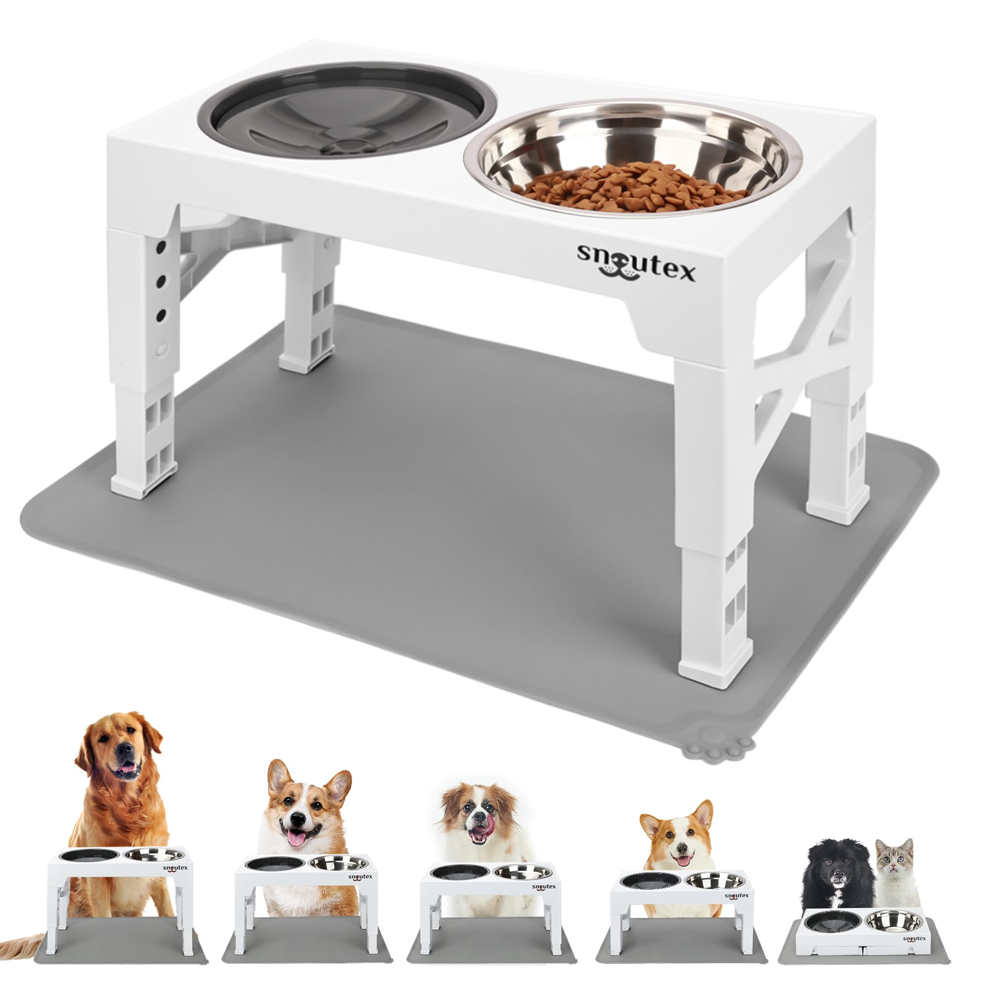 SNOUTEX Comedero Perro Elevado - Comedero Elevado de 5 Alturas Ajustables y Bebedero Perro Antigoteo, Comedero Elevado Perro, Bebedero Antigoteo Perro y Gato con Alfombra Antideslizante.