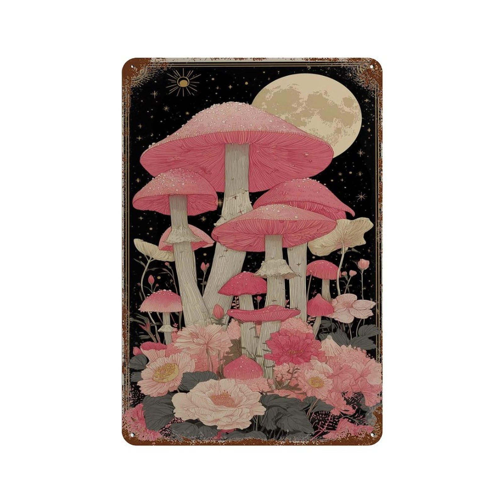 xiaoxiaoshen Mushroom Mystical Botanical Pink Fungi And Moon Work Fantasy Nature Inspired Boh Wall Decor Art Metal Tin Poster Modern Home Decor Art Home Bar Shop Decorations Vintage Sign 30x20cm