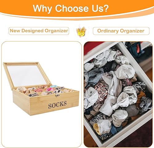 Miniatura 4 de Gdfjiy Caja de almacenamiento de calcetines, organizador de cajones de calcetines, organizador de almacenamiento de calcetines de bambú con ventana