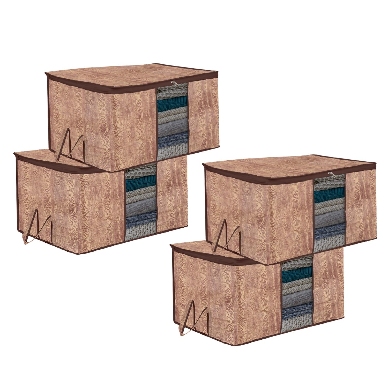 Kuber Industries Underbed Storage Bag | Clothes Storage Bag | Blanket Cover with Clear Window | Zipper Closure & Handle Cloth Organizer | Wooden Texture-Design | Large | Pack of 4 | Brown-image-43