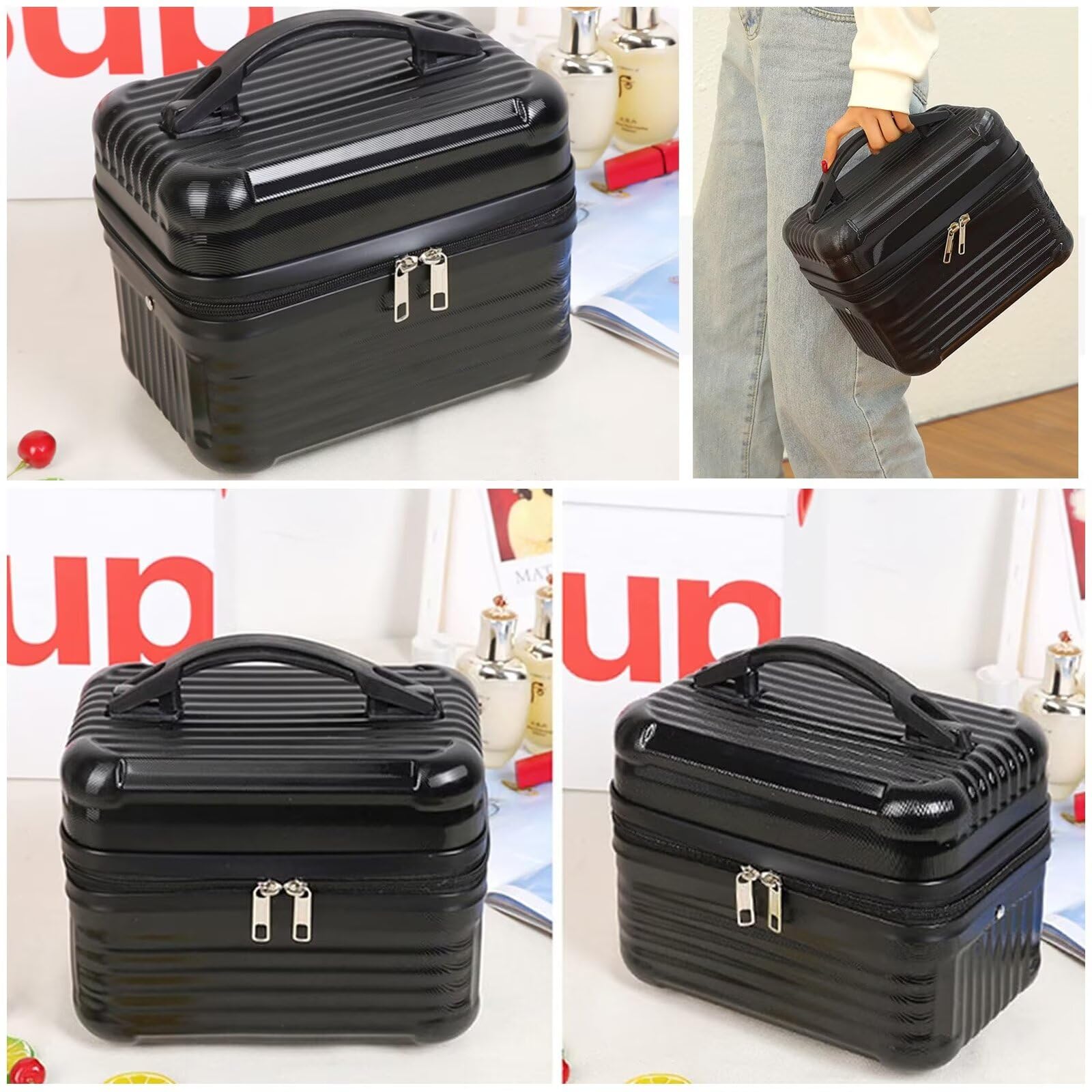 Make-up-Tasche, tragbare Kosmetiktasche mit großem Fassungsvermögen, Kosmetik-Aufbewahrungstasche im Eisenbahn-Design, Make-up-Tasche mit Pinsel-Organizer, Reisetasche, Geschenk für Frauen (Schwarz)