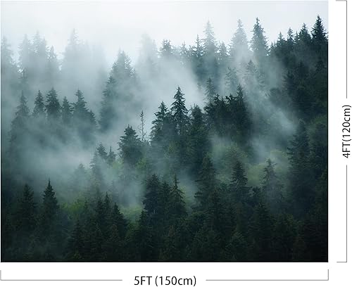 Miniatura 2 de Tapiz de bosque con niebla de árbol de montaña verde paisaje natural tapiz sala de estar dormitorio decoración 5x4ft 59.1x47.2 in