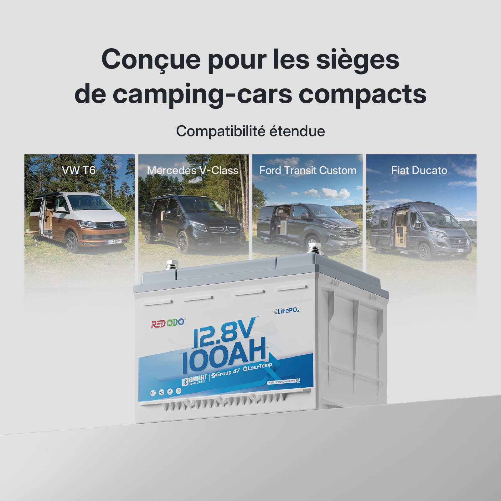 Redodo 12V 100Ah Group47 Batterie LiFePO4 avec Bluetooth 1280Wh BMS 100A | Batterie Lithium avec Basse Température Hauteur 168mm Installable Sous Siège de Camping-car IP65 Convient Aussi Pour Bateau