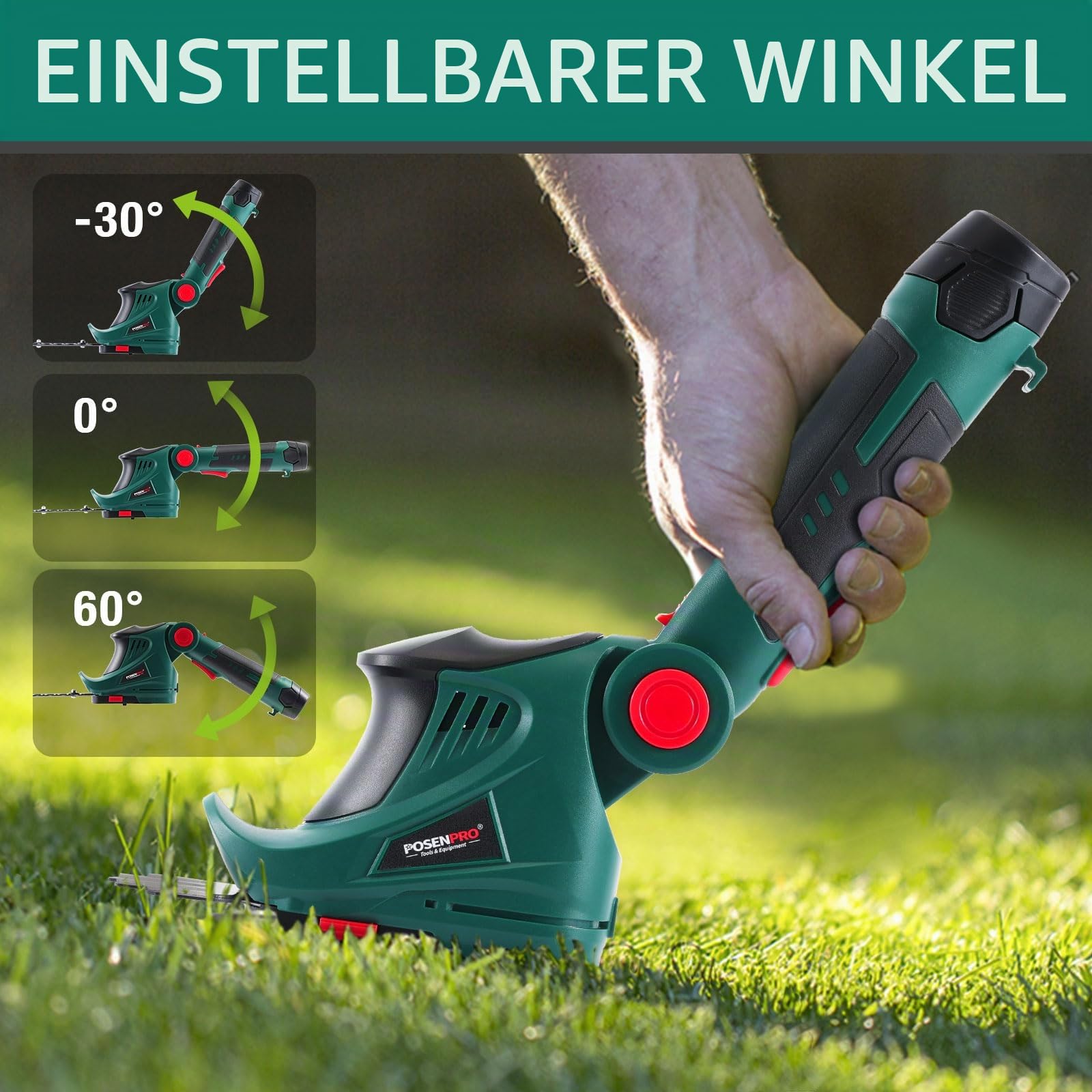 POSENPRO Akku-Gras- und Strauchschere 2-in-1, 12V Handliche Gartenschere für Hecken und Rasen, 2000mAh Strauchschere Elektrisch mit 2 Messern, Schnittbreite 10cm, Schnittlänge 18cm für Garten und Höfe