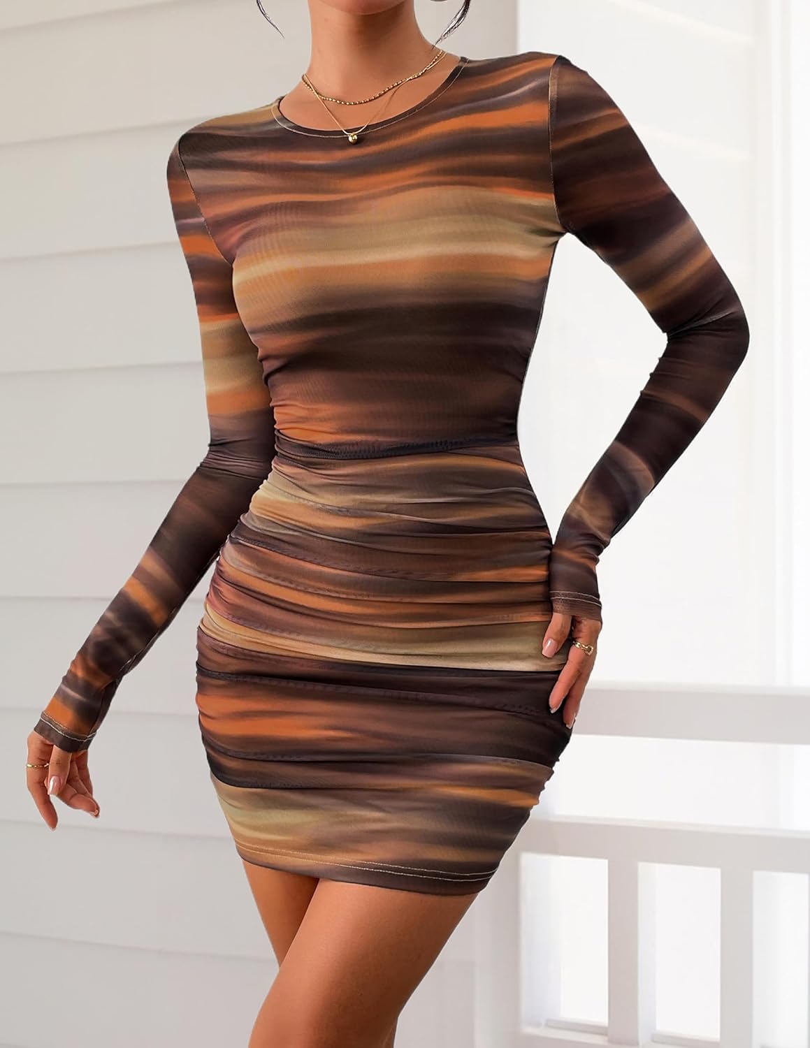 PRETTYGARDEN Women Long Sleeve Mini Dress Spring 2026 Tie Dye Print Bodycon Cocktail Party Club Outfits Homecoming Dresses - Image 7