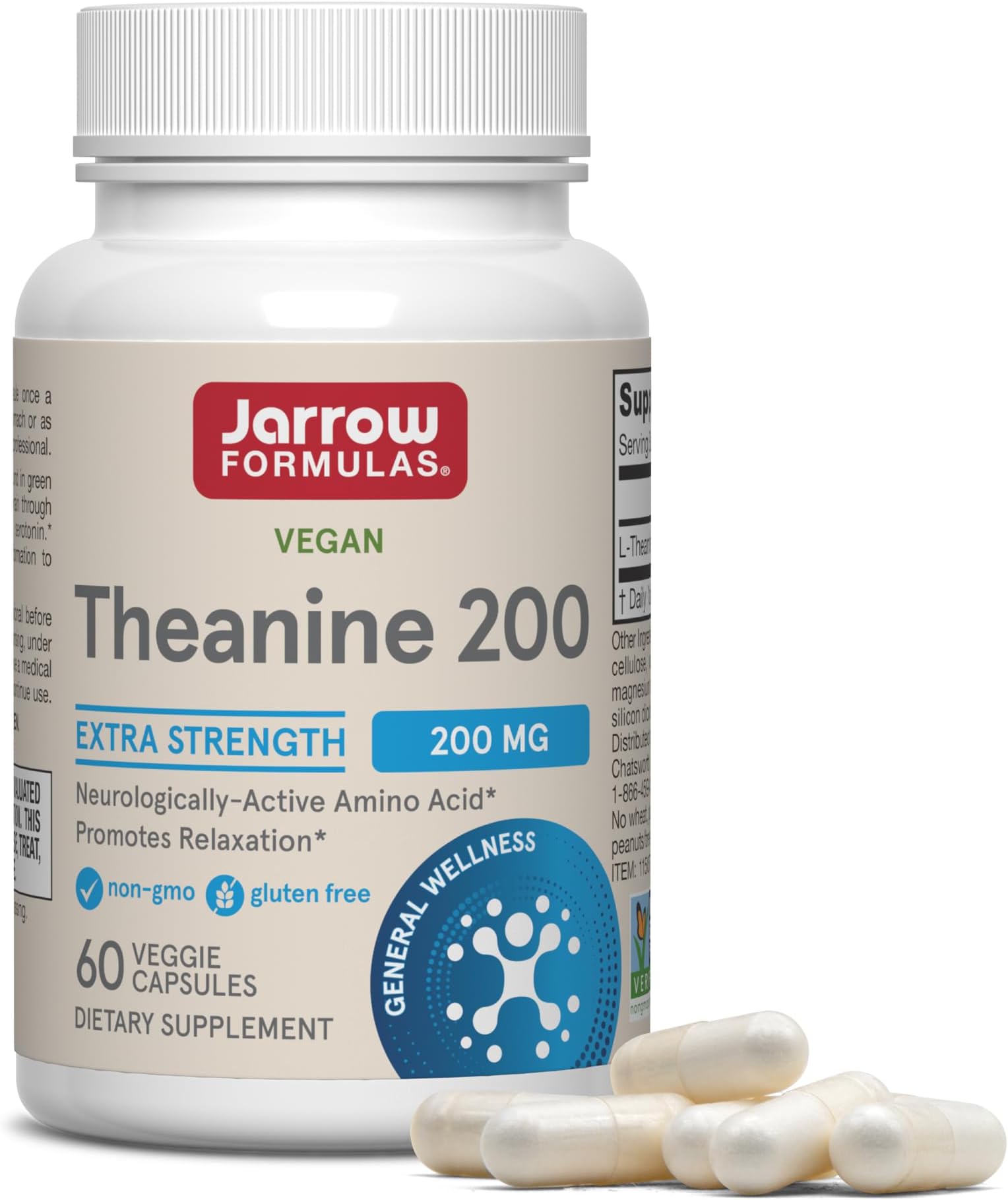 Jarrow Formulas Extra Strength L Theanine 200mg Dietary Supplement that Promotes Relaxation, Supplement for Relaxation Support, 60 Veggie Capsules, 60 Day Supply