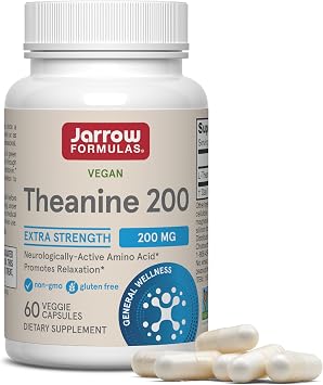 Jarrow L-Theanine Supplement 200 mg, Dietary Supplement, 60 Capsules | L-Theanine 100mg Veggie Capsules, Extra Strength, 60 Day Supply, Supports Relaxation And Stress Reduction