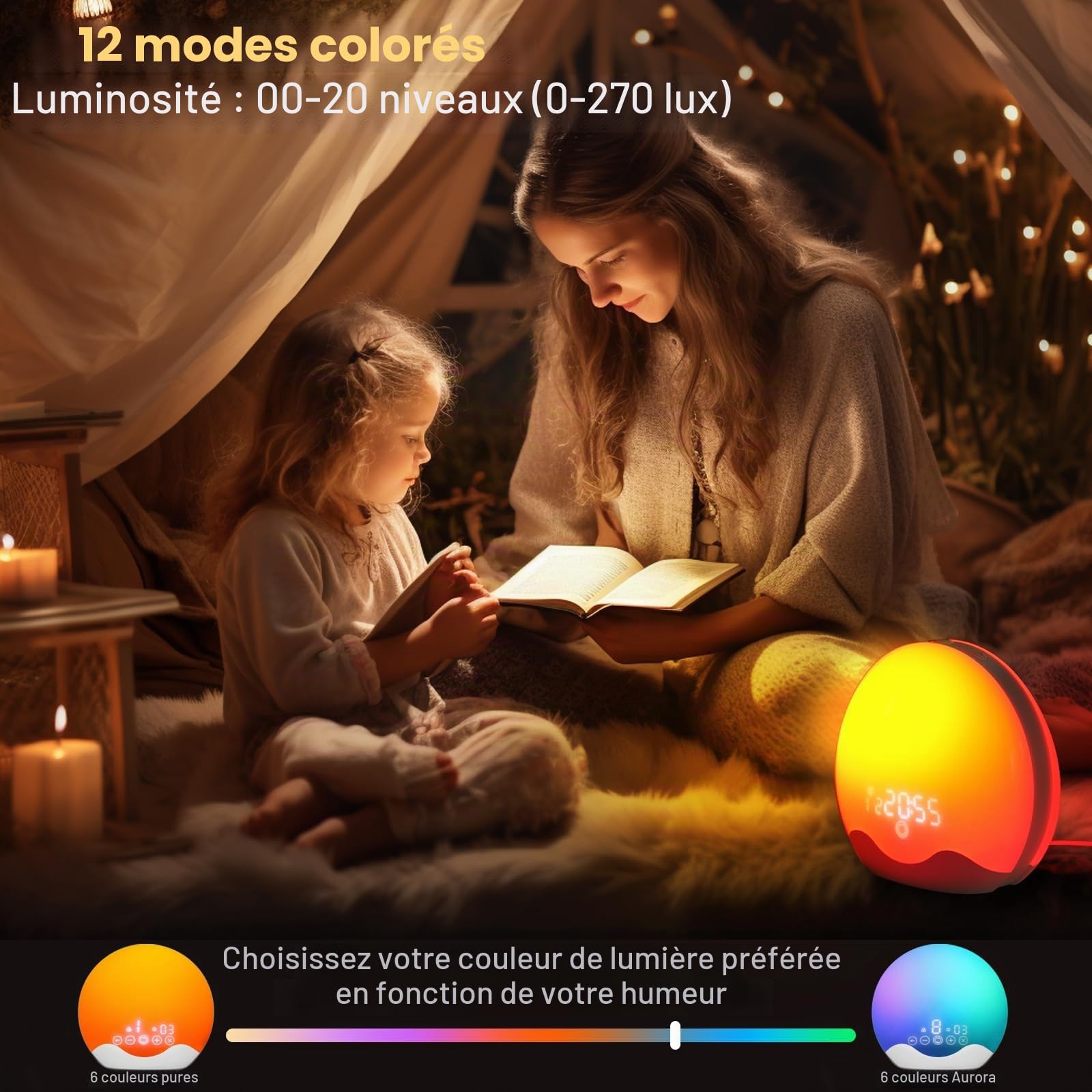 Réveil lumineux à lumière du jour, simulation de lever et coucher de soleil, radio FM, 5 sons de la nature, 2 alarmes, snooze, 12 couleurs de lumière, 20 niveaux de luminosité, lampe de