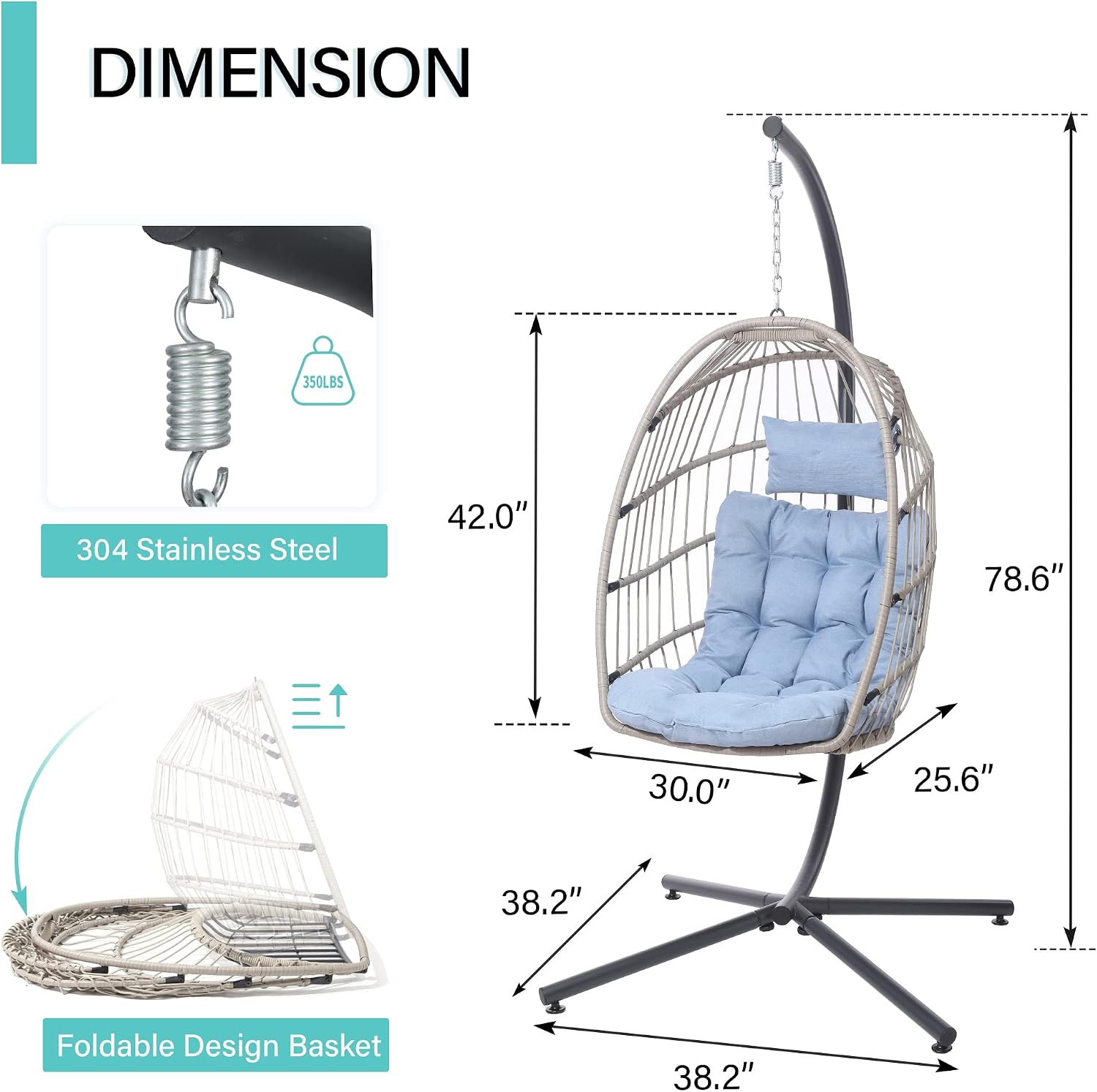 SWITTE Hanging Egg Chair with Stand, Egg Swing Hammock Chair with Stand, Indoor Outdoor Wicker Egg Chair with Cushion Headrest for Patio Bedroom Porch Garden, 350LBS Capacity(Tiffany Blue)