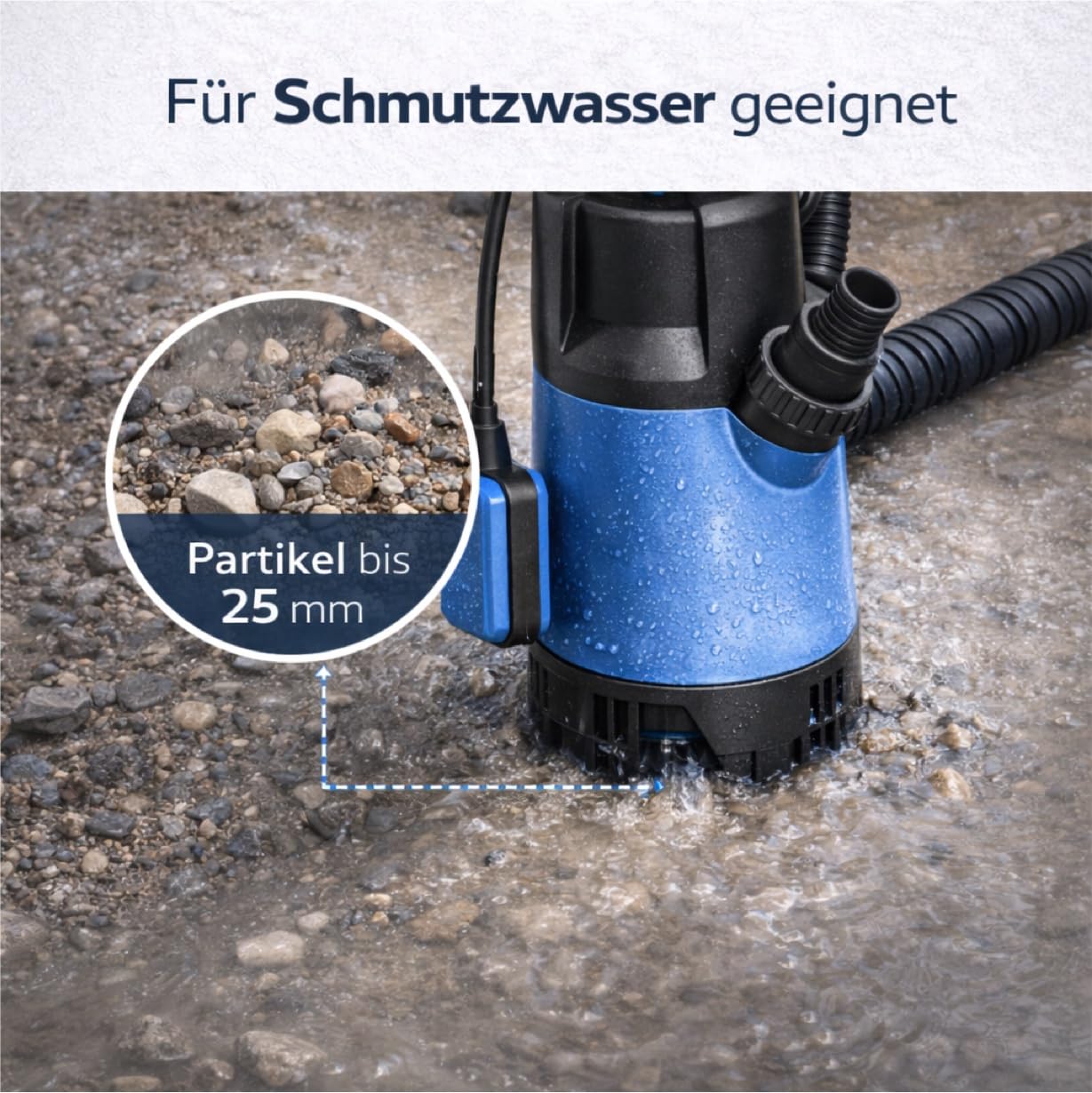 Pompa sommergibile per acqua sporca da 400 W con portata di 7500 l/h – max. 5 m di altezza di mandata, 4 m di profondità di immersione, cavo da 10 m, interruttore galleggiante e protezione termica per
