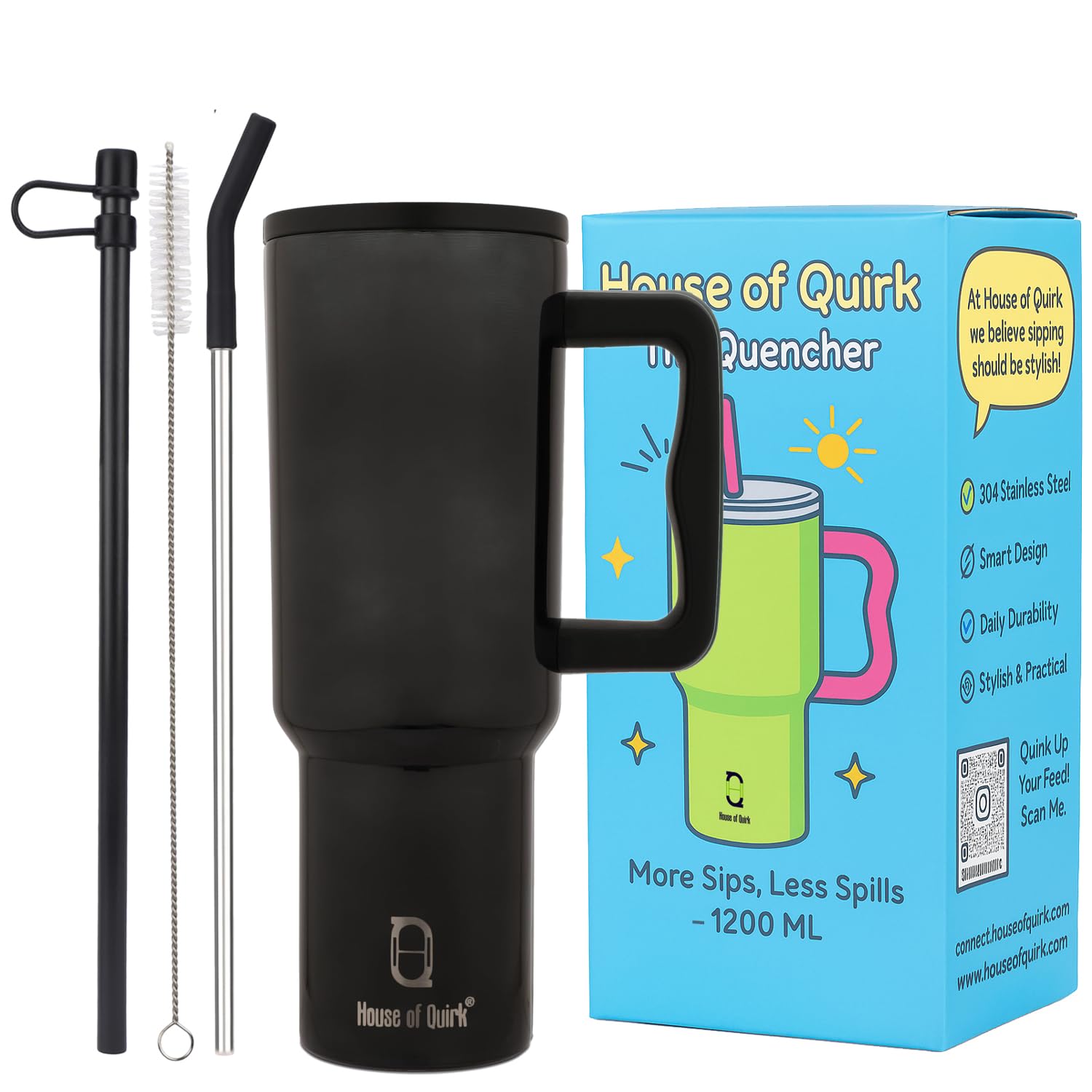 House of Quirk 1200ML Stainless Steel Tumbler with Handle & Lid, 2 Straws – Large Travel Mug Water Cup for Gym, Office & Outdoor Use (Mettalic Black)