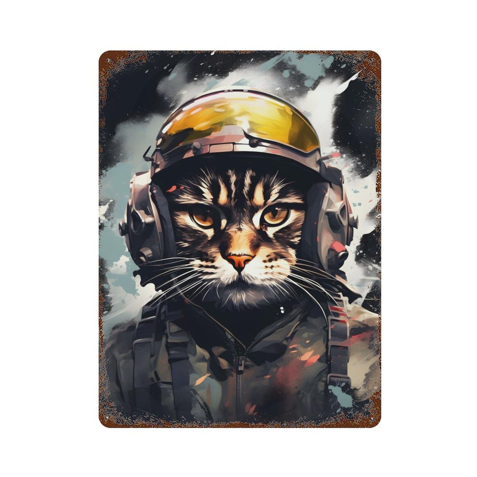 Cat Fighter Pilot Painting 15.7"x11.8" Aged Metal Wall Plaque, Retro Wall Decor for Farmhouse, Kitchen And Entryway Decor
