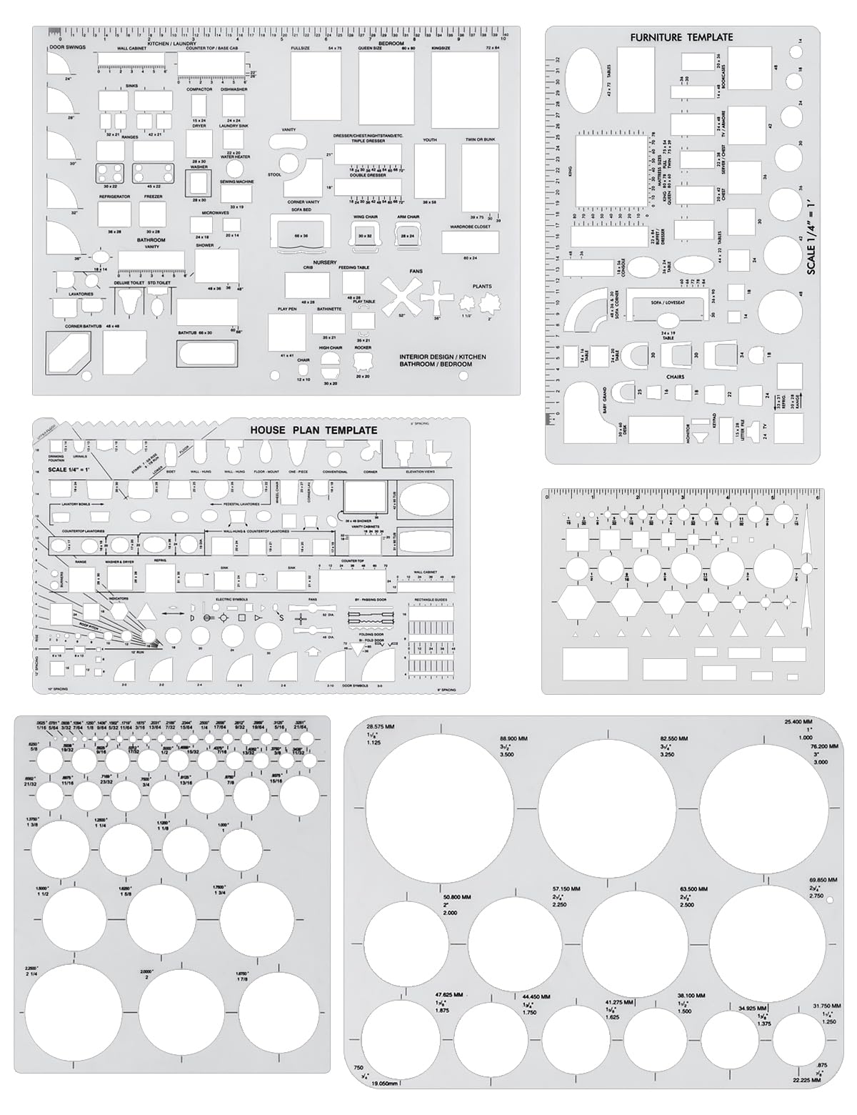 GAUENEEN 6 Pcs Architectural Templates, Circle Template, House Plan, Interior Design and Furniture Templates, Drafting Tools and Ruler Shapes for Architecture