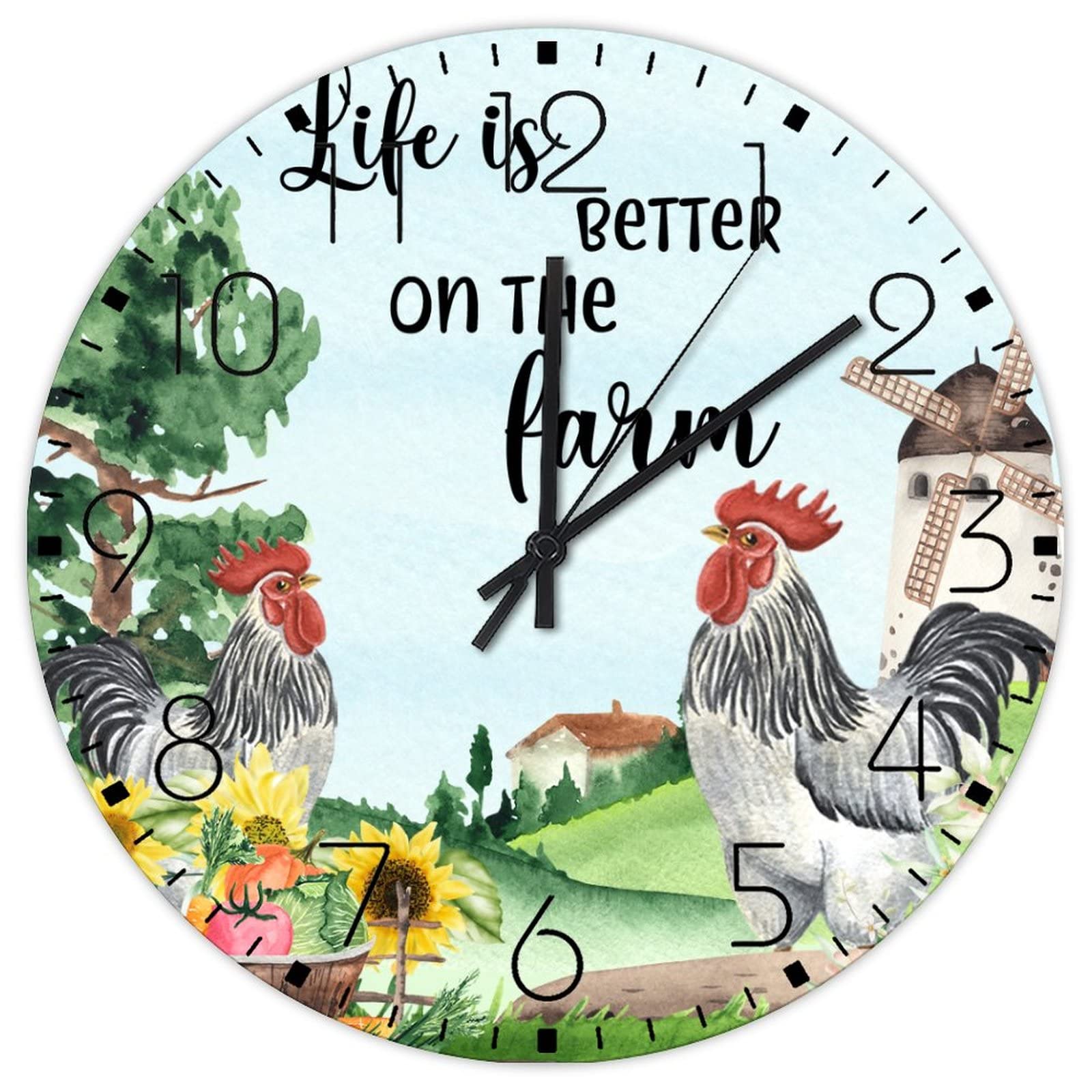 Horloge murale en bois rustique 38,1 cm coq et tournesol pour décoration cuisine