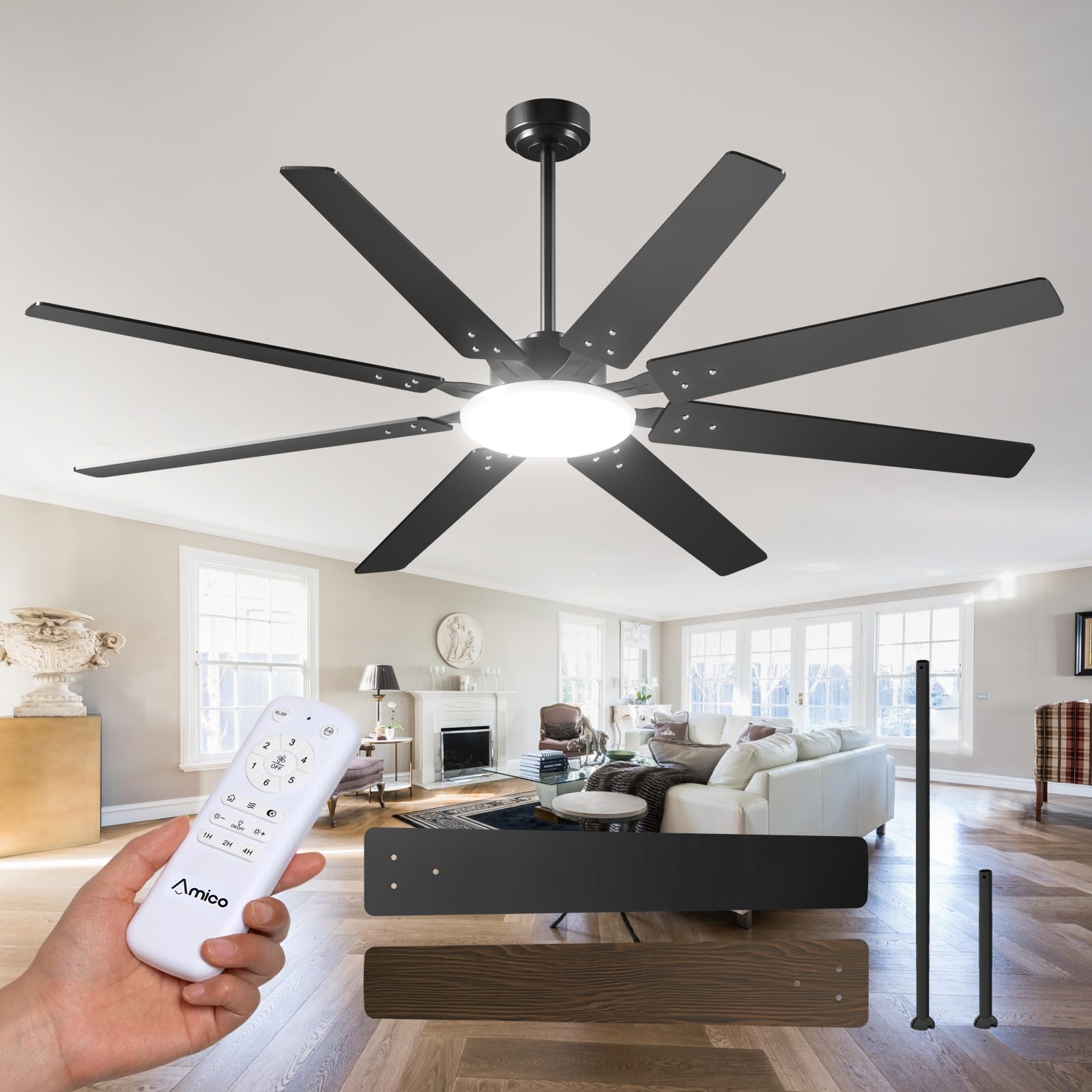 72 inch Ceiling Fans with Lights Large Ceiling Fan with Light and Remote Control Dimmable 3CCT Quiet Black