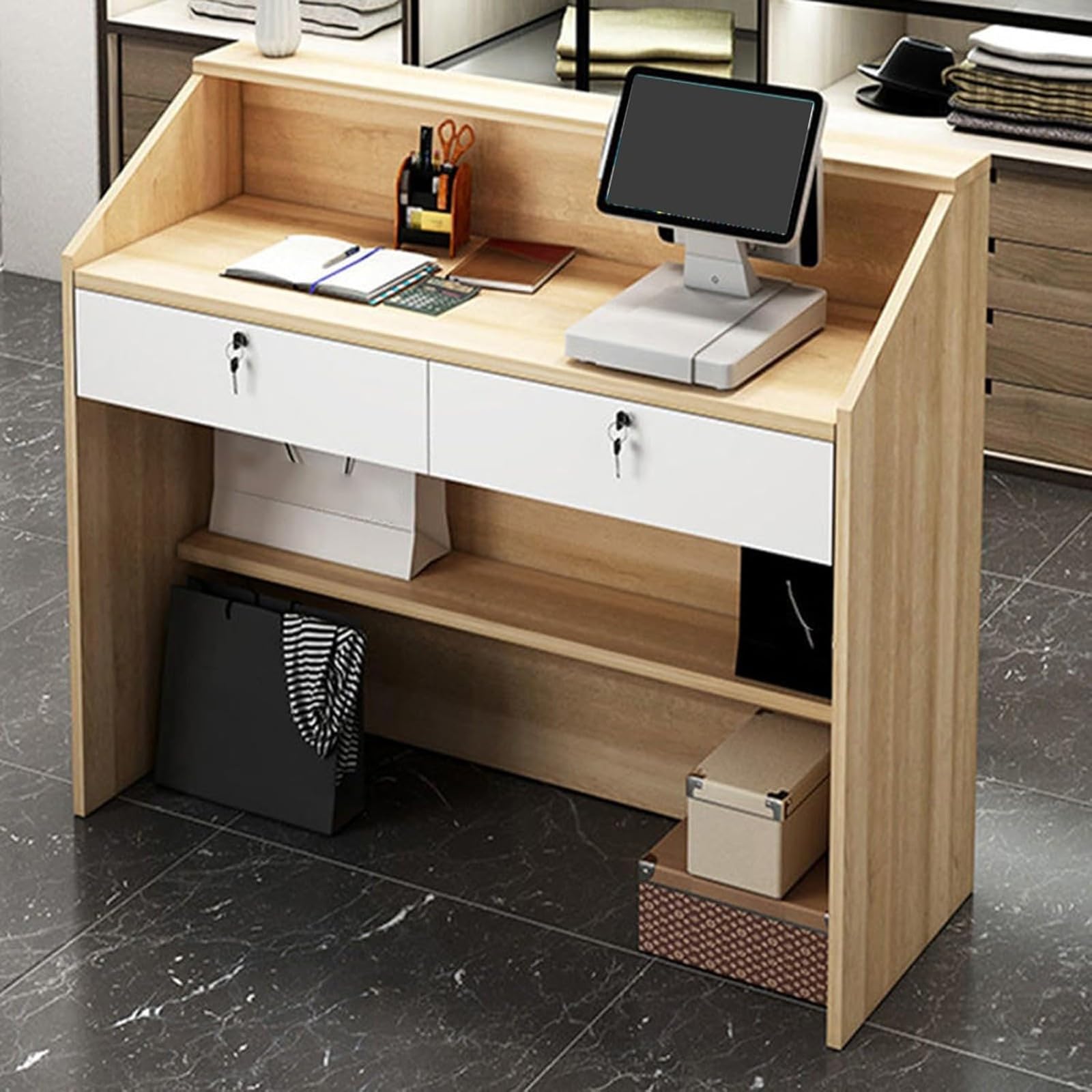 SXZenSpace Compact Retail Checkout Counter, Modern Reception Desk, Lockable Drawers and Open Shelving, Welcome Suitable for Offices Computer desks B,80CM