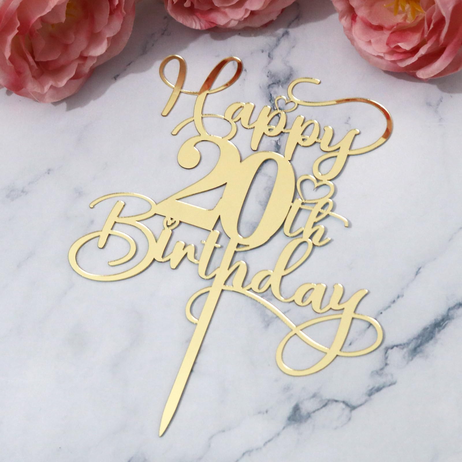 Ruscalin Happy 20th Birthday Cake Topper，Mirrored Gold Acrylic Birthday Topper for Cheers to 20 Years Birthday/Anniversary Party Decoration Ideas, Perfect Keepsake for your family and friends (20th)