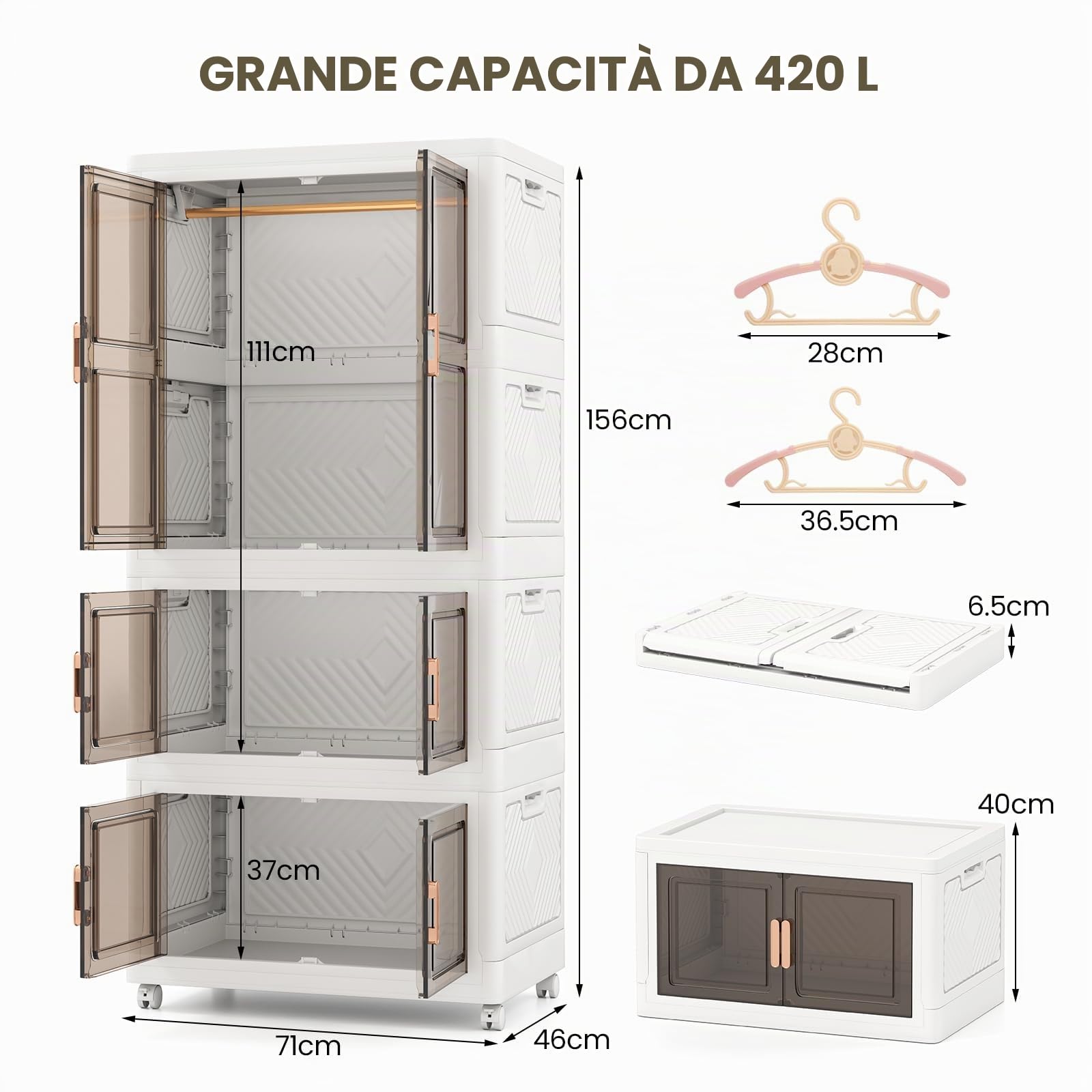 GIANTEX Scatola portaoggetti in plastica, 421 l, contenitore pieghevole con coperchio, ruote, 10 grucce maniglie, armadio con indumenti per camera da letto, lavanderia, cabina armadio guardaroba
