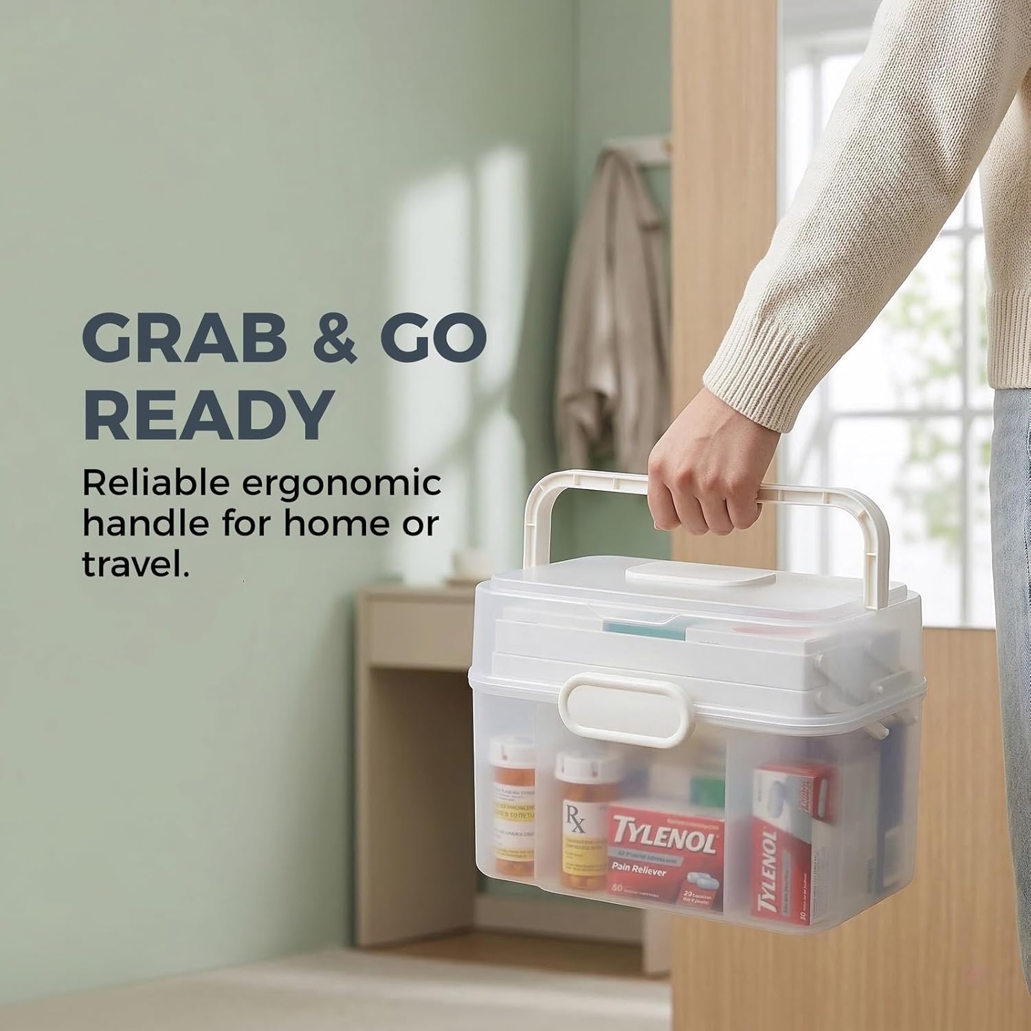 Portable Medicine Organizer Box & First Aid Kit Container – 3-Layer Folding Storage Bin with Handle & Latch, Clear Medical Supply Case for Home, Dorm, Sewing – w/ 2 Pill Pods & Labels