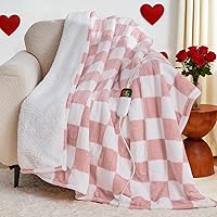 OCTROT Light Pink Sherpa Heated Throw Blanket 50x60 - 10 Heat Levels, 8-Hour Auto-Off, Checkered Plaid Electric Blanket for Couch, Lap, Mom Gifts