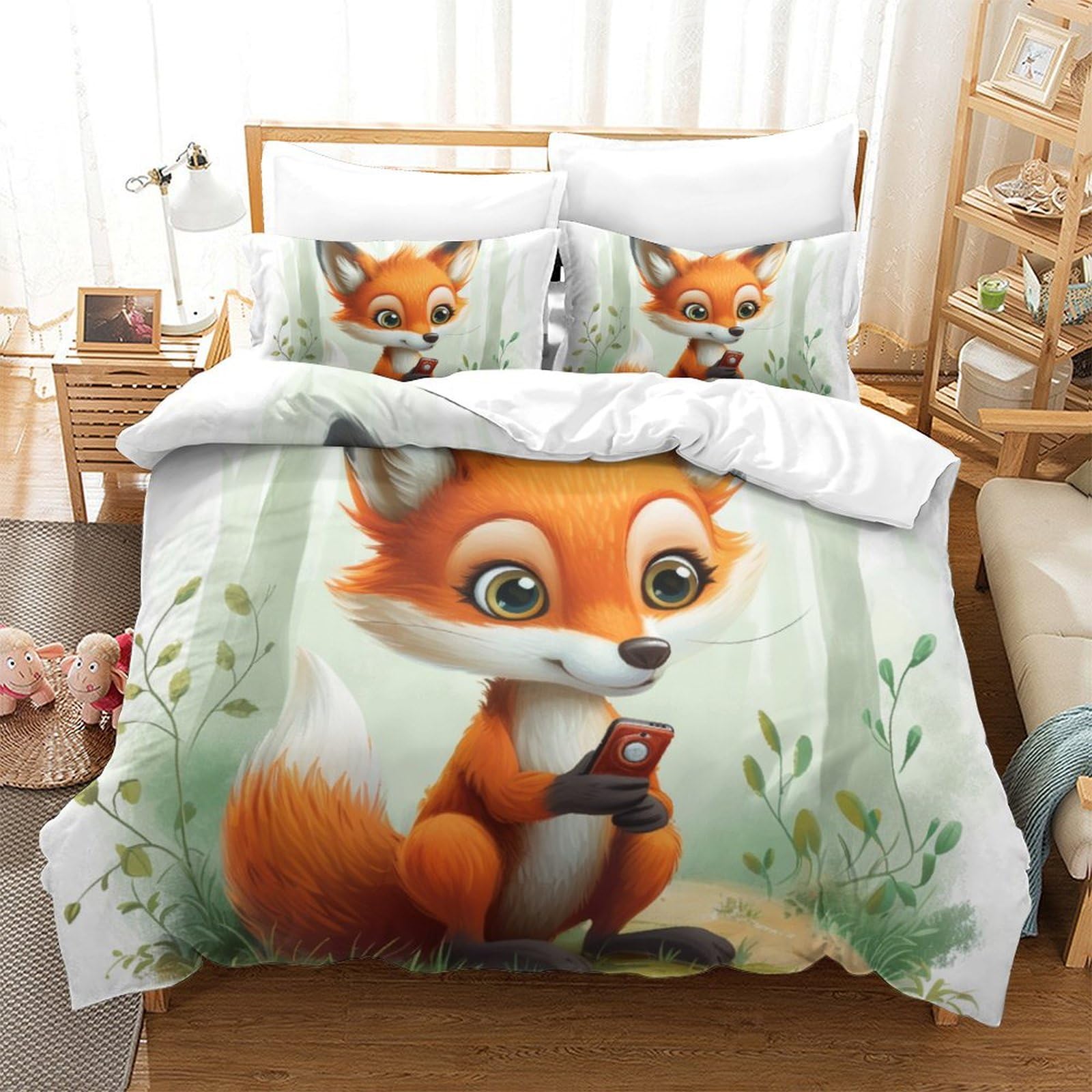 Housse de couette 3 pièces renard de dessin animé parure de lit microfibre 260x220cm