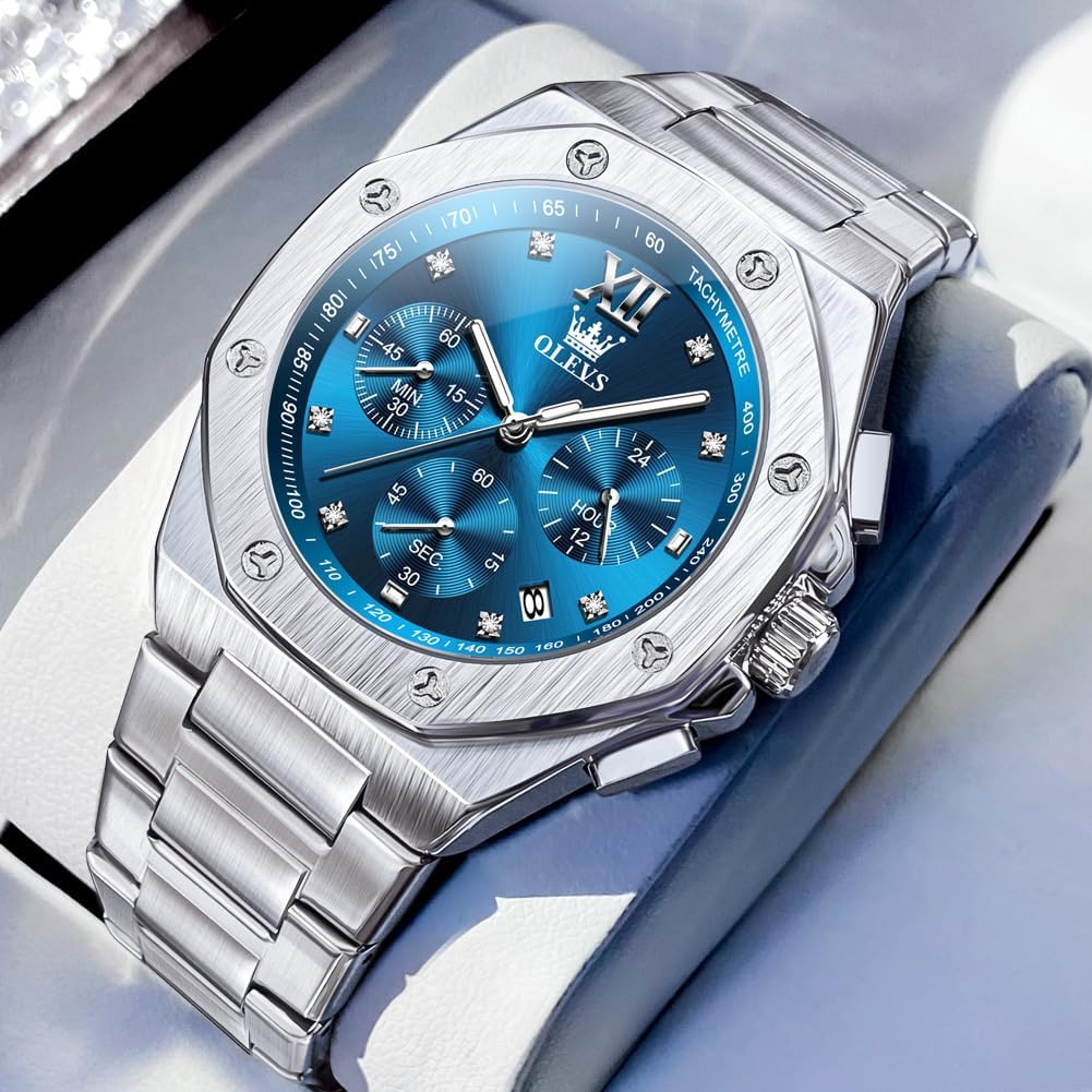 OLEVS Mens Luxury Watches Stainless Steel Dress Watches for Men,Octagon Large Wrist Analog Quartz Watch,Fashion Waterproof Man Watch Gold/Black/Silver/Blue/Brown Dial Relojes para Hombres - Image 3