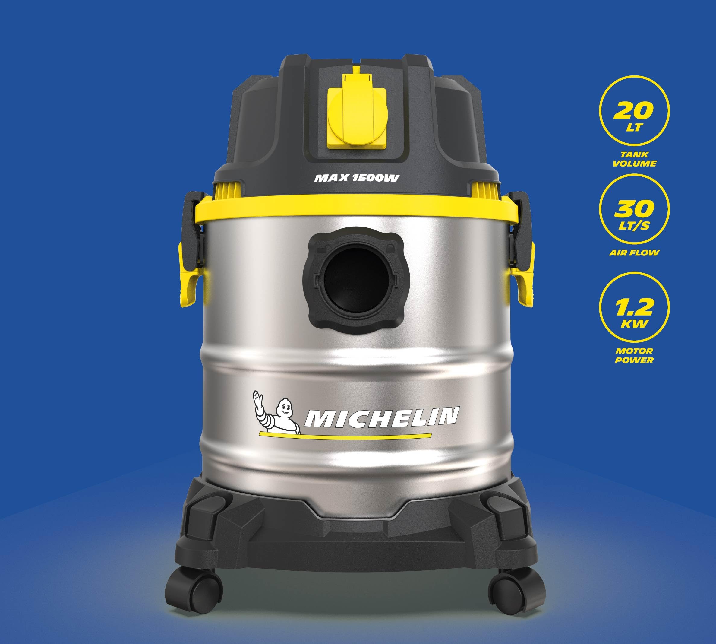 MICHELIN, Aspiratore Solidi e Liquidi, HP20 PRO, Serbatoio in Acciaio da 20 L, con Presa Elettroutensili, 1200 W, Completo di Accessori, Funzione di Soffiaggio, 20 kPa