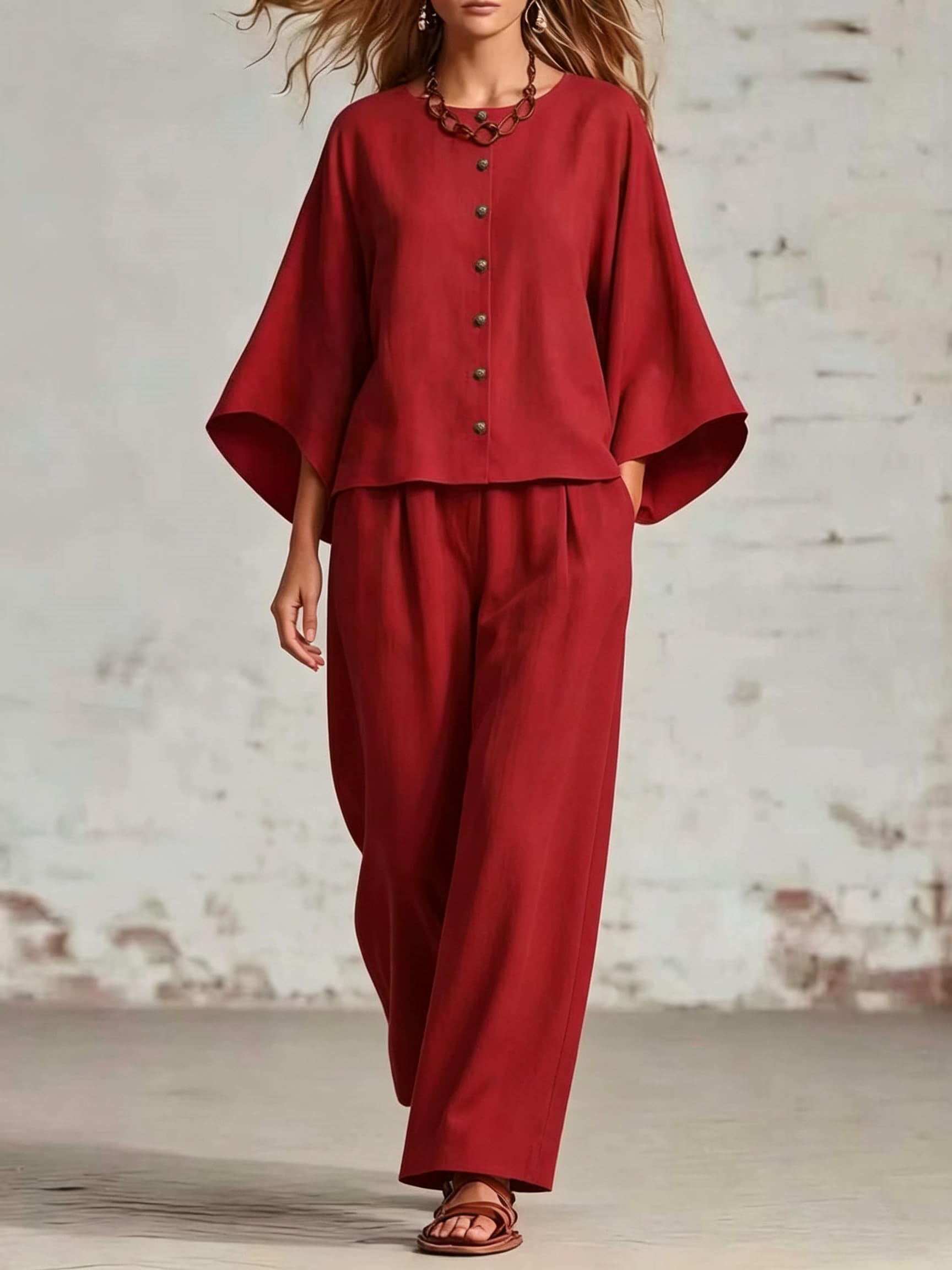 Completo Da Casa Da Donna Composto Da Due Pezzi: Top Con Bottoni Sul Davanti E Pantaloni A Gamba Larga. Outfit Casual, Vestibilità Ampia, In Cotone. Elegante, Leggero, Ideale Per Viaggi, Vacanze E