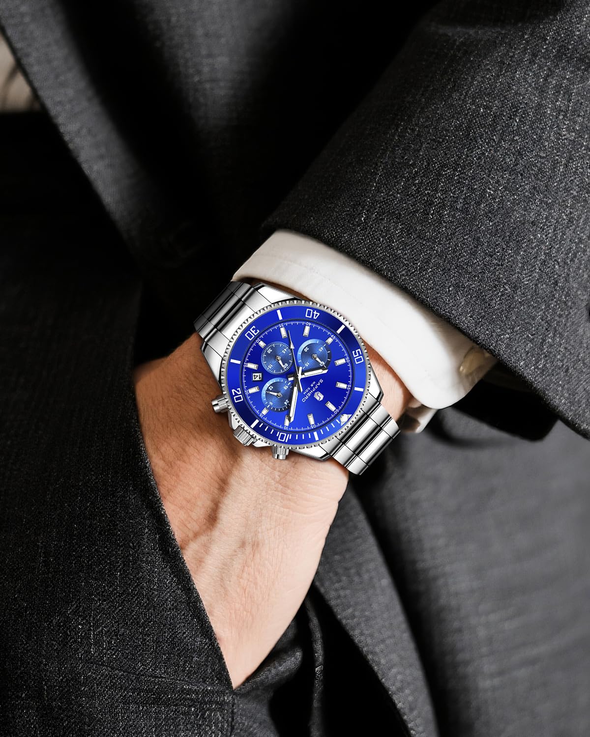 SAPPHERO Reloj Hombre Cronografo Analógico Movimiento de Cuarzo 50M Impermeable Relojes para Hombre Banda de Acero Inoxidable Clásico Casual Diseñador Relojes Elegante Regalo para Hombre