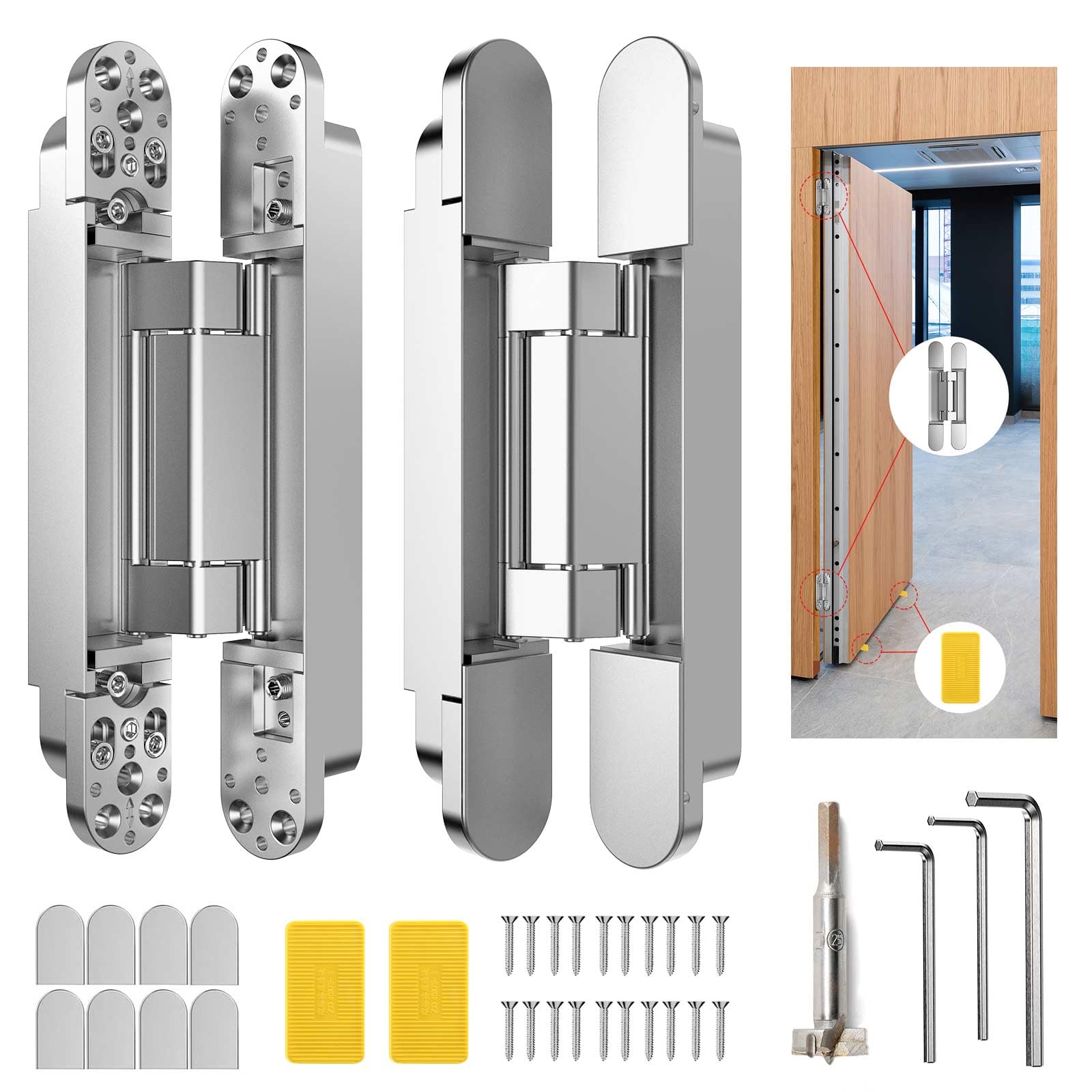 9.7" Hidden Door Hinge/Concealed Hinges,Invisible Hinges,Invisible Door Silent 180 Degree Swing Hinge 3-Way Adjustable Butt 9.7 x 3.3 x 1inch (Silvery, 9.7 inches) โ image 1