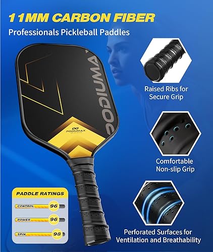 Miniatura 2 de PodiuMax Carbon Fiber Pickleball Paddles, 11mm 13mm Hexa Polymer Core for Power&Control&Spin, Fiberglass Pickleball Paddle Set of 2, Lightweight