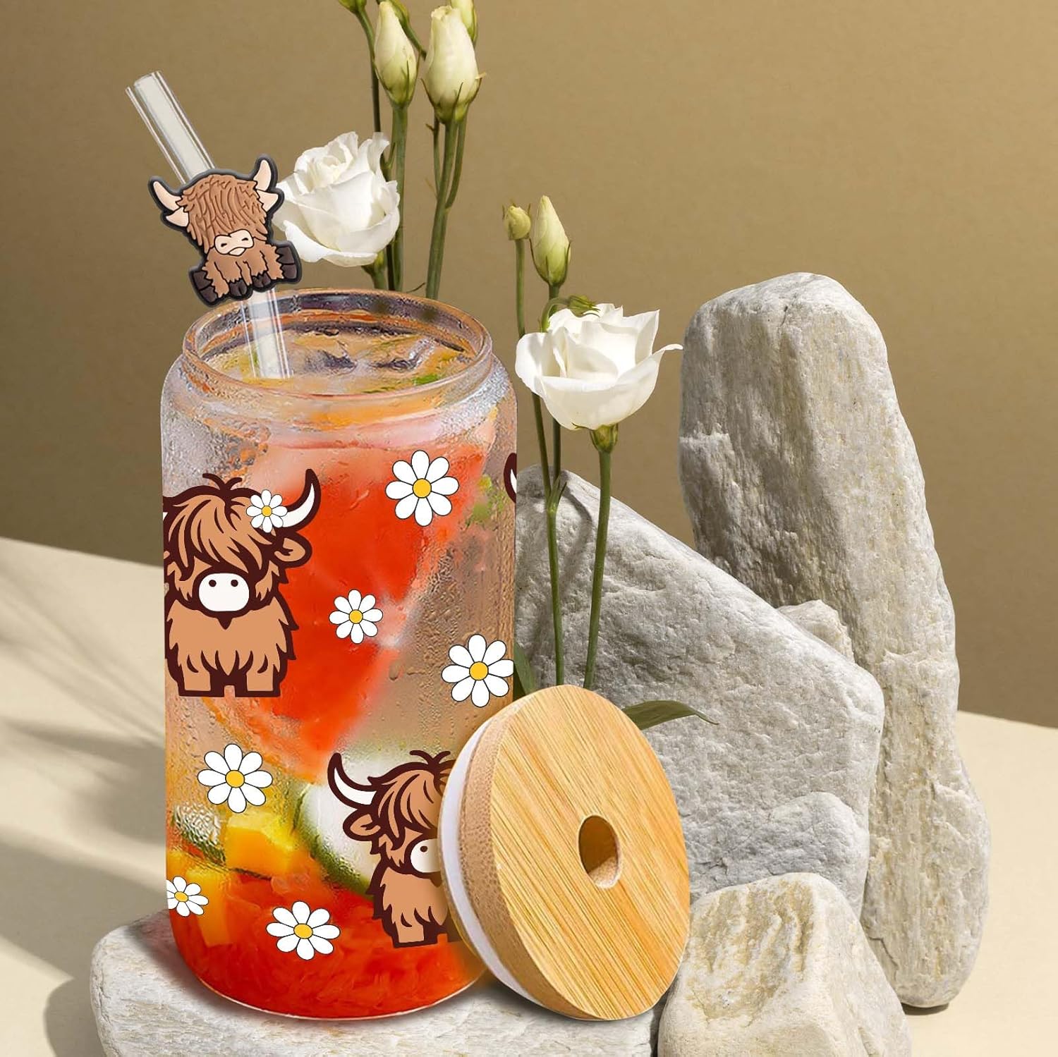 Highland Cows Gifts for Women Highland Cow Lovers Decor Print Stuff Coffee Cup with Cow Straw - Cute Coffee Cups/Tumbler Christmas Birthday Gifts for Women Girls, Glass Cup with Lid and Straw 16oz - Image 5