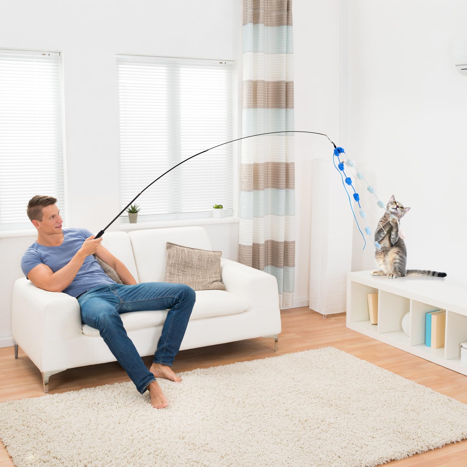 Katzenangel Lang 9tlg, Katzenspielzeug Angel mit 7 Plüschbälle Band Bunt für Katzen und 2 Katzenangel Stabile 98cm Teleskopisch, Cat Toys für Kitten und Katzen, 7tlg&2stange