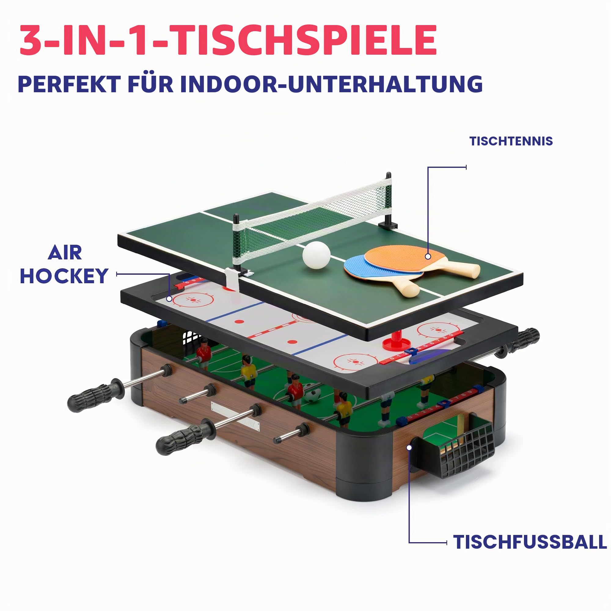 PowerPlay 3 in 1 Tischplattenspiele, Multi Game Tischset, Mini Fußball, Hockey und Tischtennis, Einheitsgröße